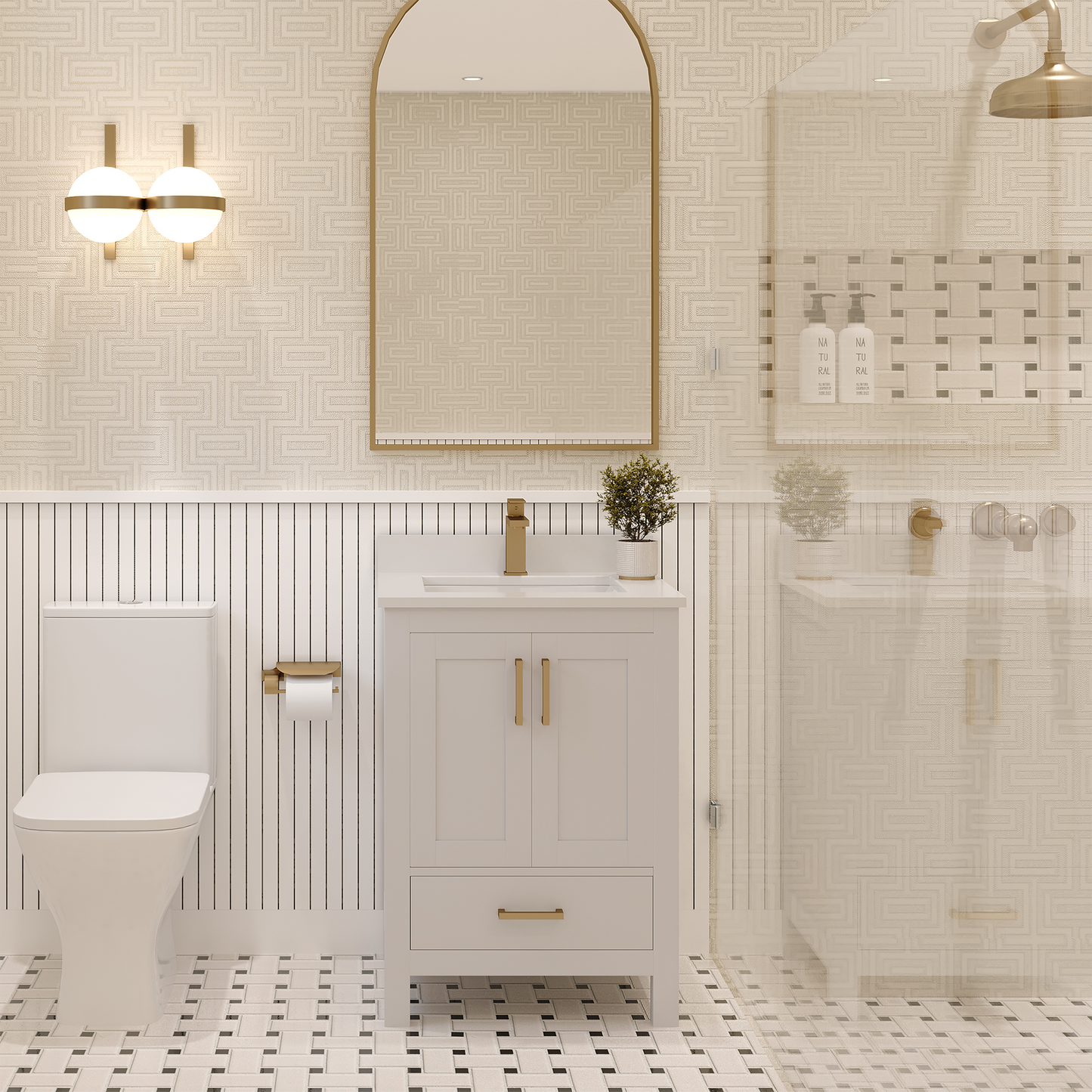 Rooh 24 Inch Solid Wood Bathroom Vanity with Undermount single Rectangle sink & White Quartz countertop 0.75 inch edge in white