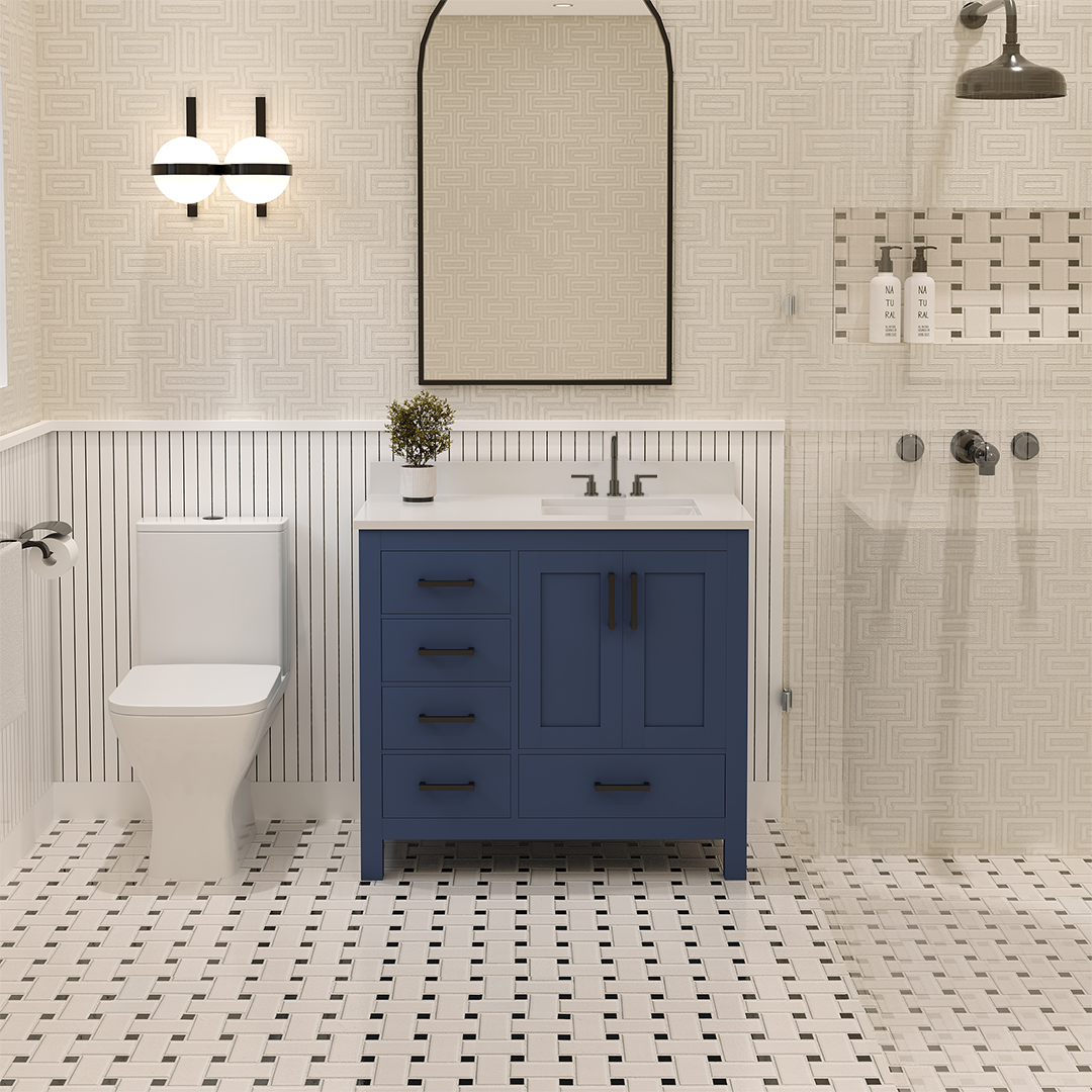 Rooh 36 Inch Right Solid Wood Single Bathroom Vanity with Undermount single Rectangle sink & White Quartz countertop 0.75 inch edge in white