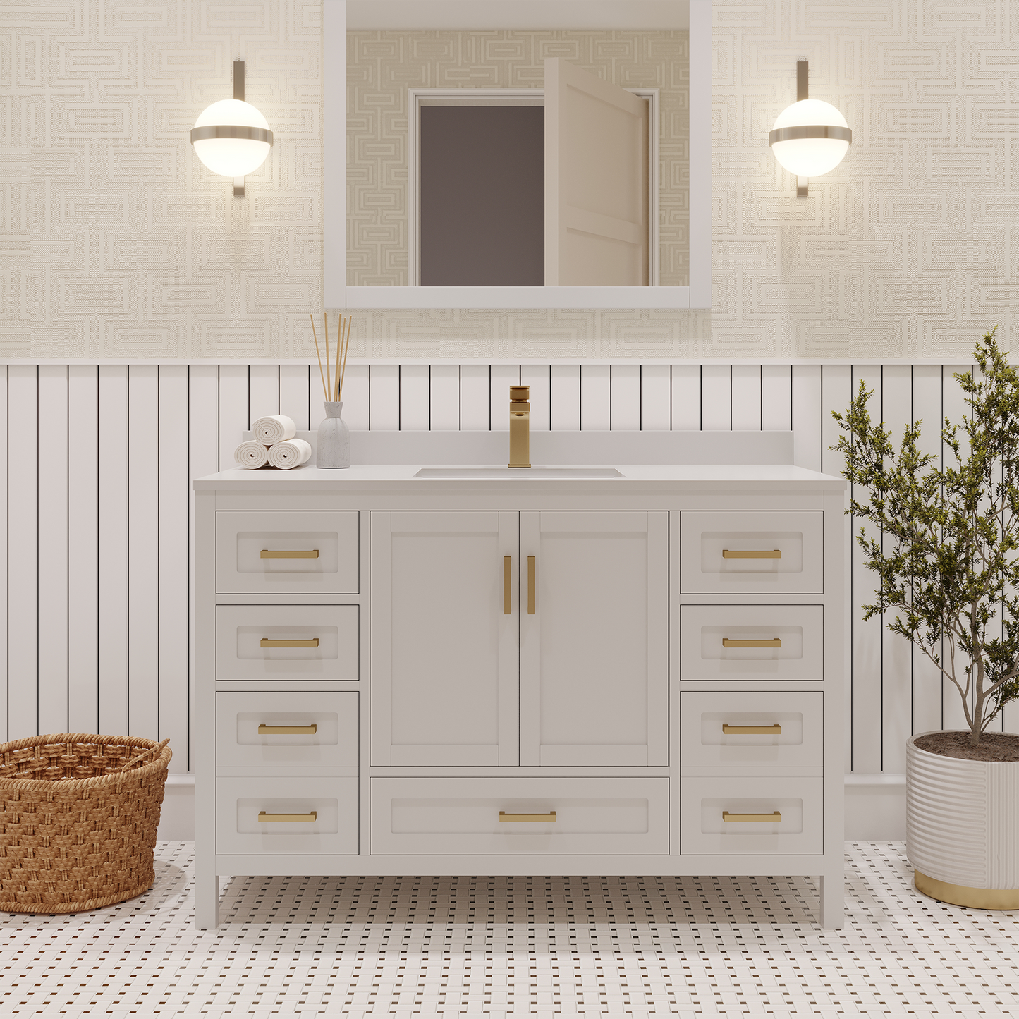 Rooh 48 Inch Solid Wood Bathroom Vanity with Undermount single Rectangle sink & White Quartz countertop 0.75 inch edge in white
