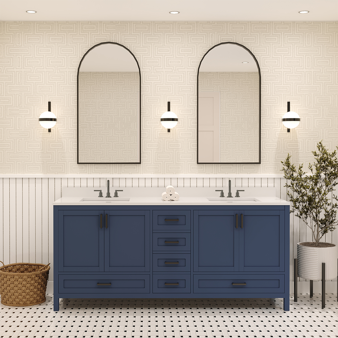 Rooh 72 Inch Solid Wood Bathroom Vanity with Undermount double Rectangle sinks & White Quartz countertop 0.75 inch edge in white