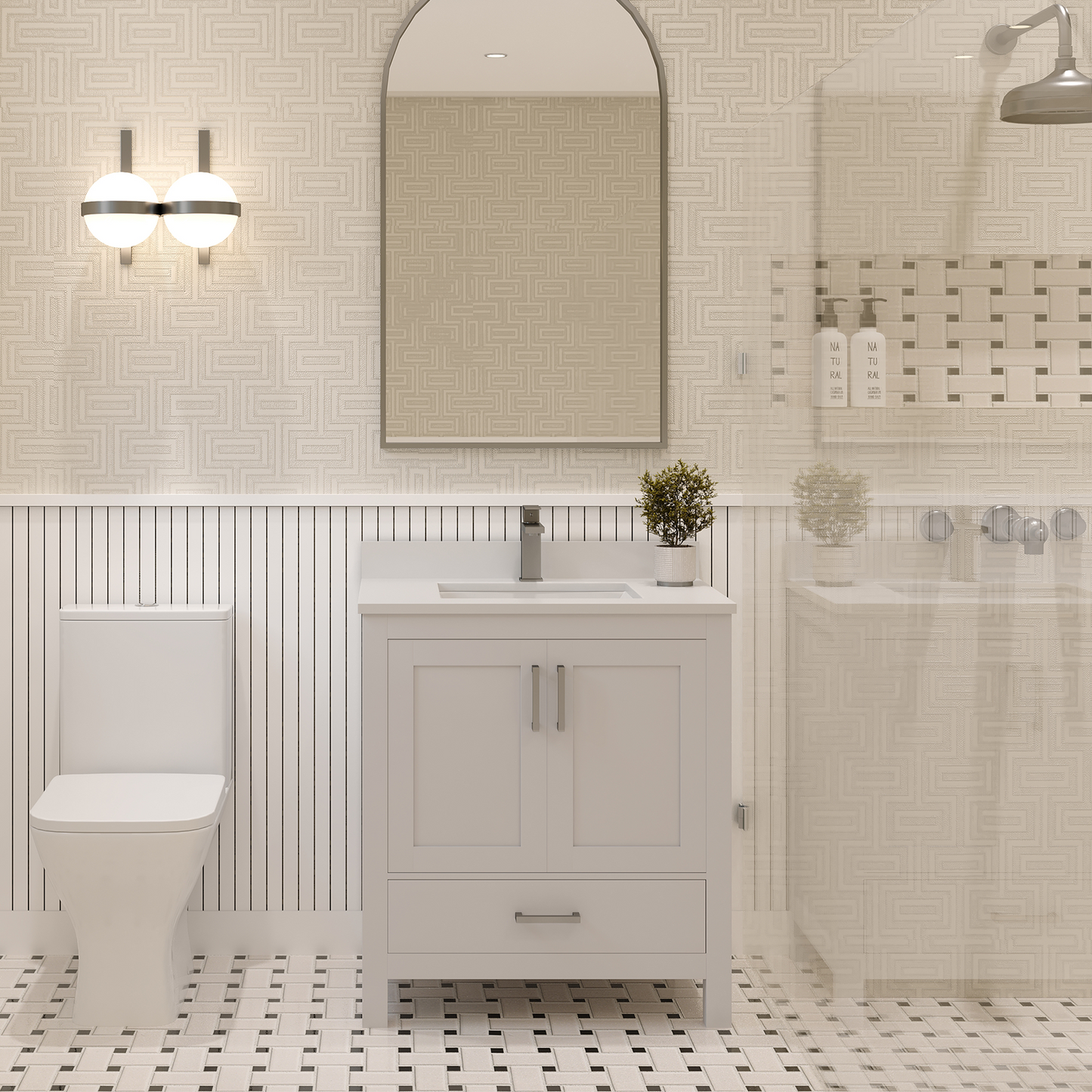 Rooh 30 Inch Solid Wood Bathroom Vanity with Undermount single Rectangle sink & White Quartz countertop 0.75 inch edge in white