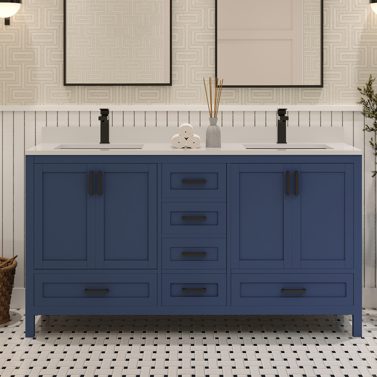 Rooh 60 Inch Solid Wood Bathroom Vanity with Undermount double Rectangle sinks & White Quartz countertop 0.75 inch edge in white
