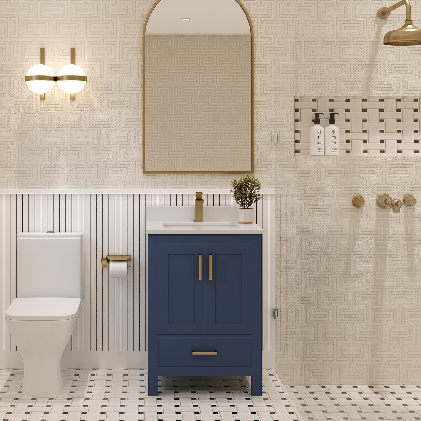 Rooh 24 Inch Solid Wood Bathroom Vanity with Undermount single Rectangle sink & White Quartz countertop 0.75 inch edge in white