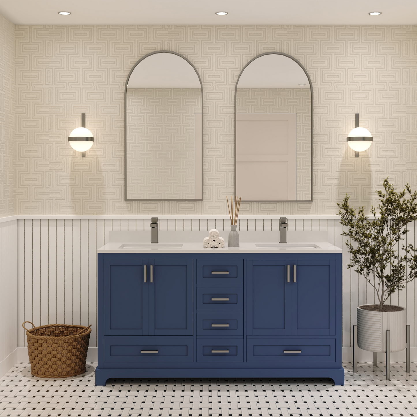 Maya 60 Inch Solid Wood Double Bathroom Vanity with Quartz Countertop