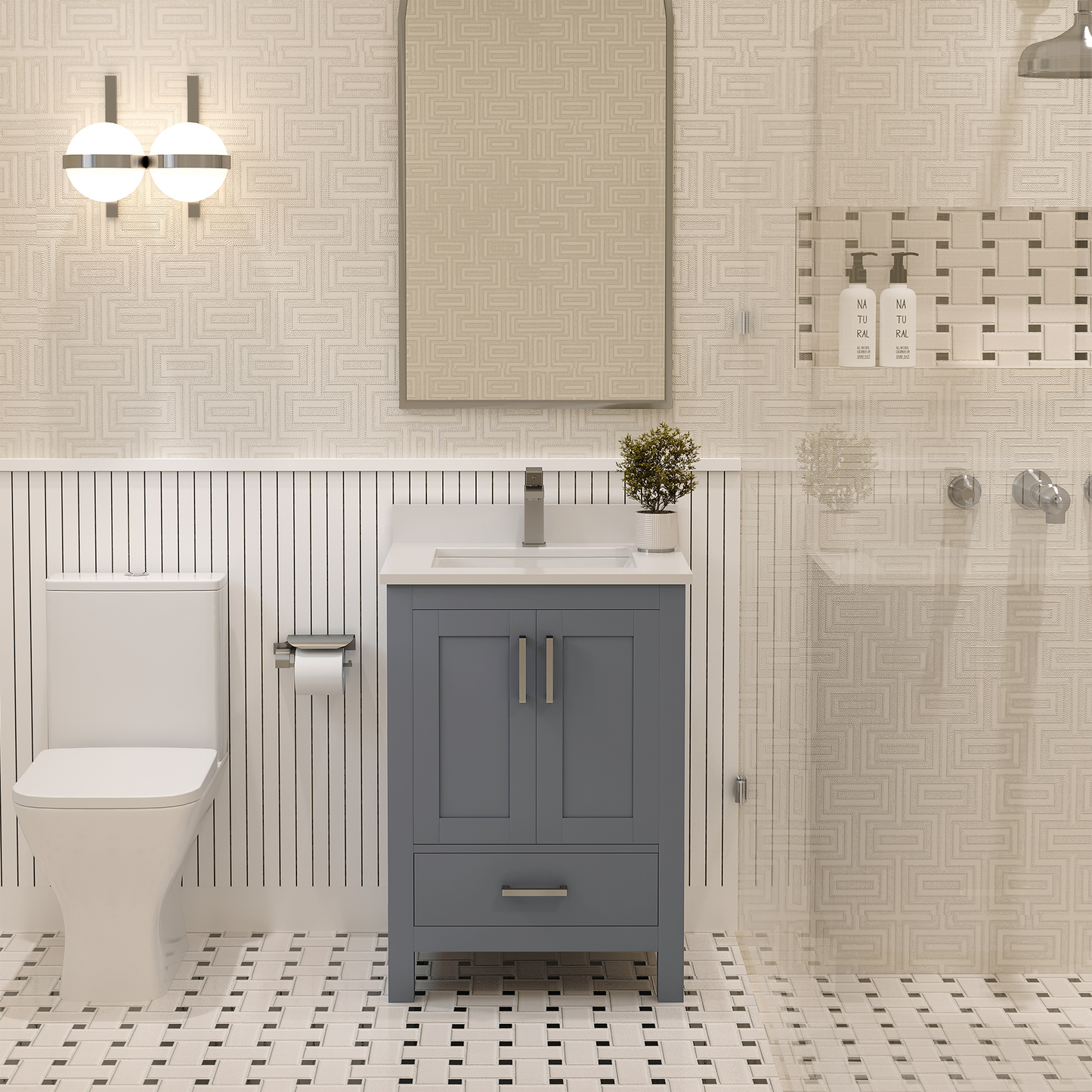 Rooh 24 Inch Solid Wood Bathroom Vanity with Undermount single Rectangle sink & White Quartz countertop 0.75 inch edge in white