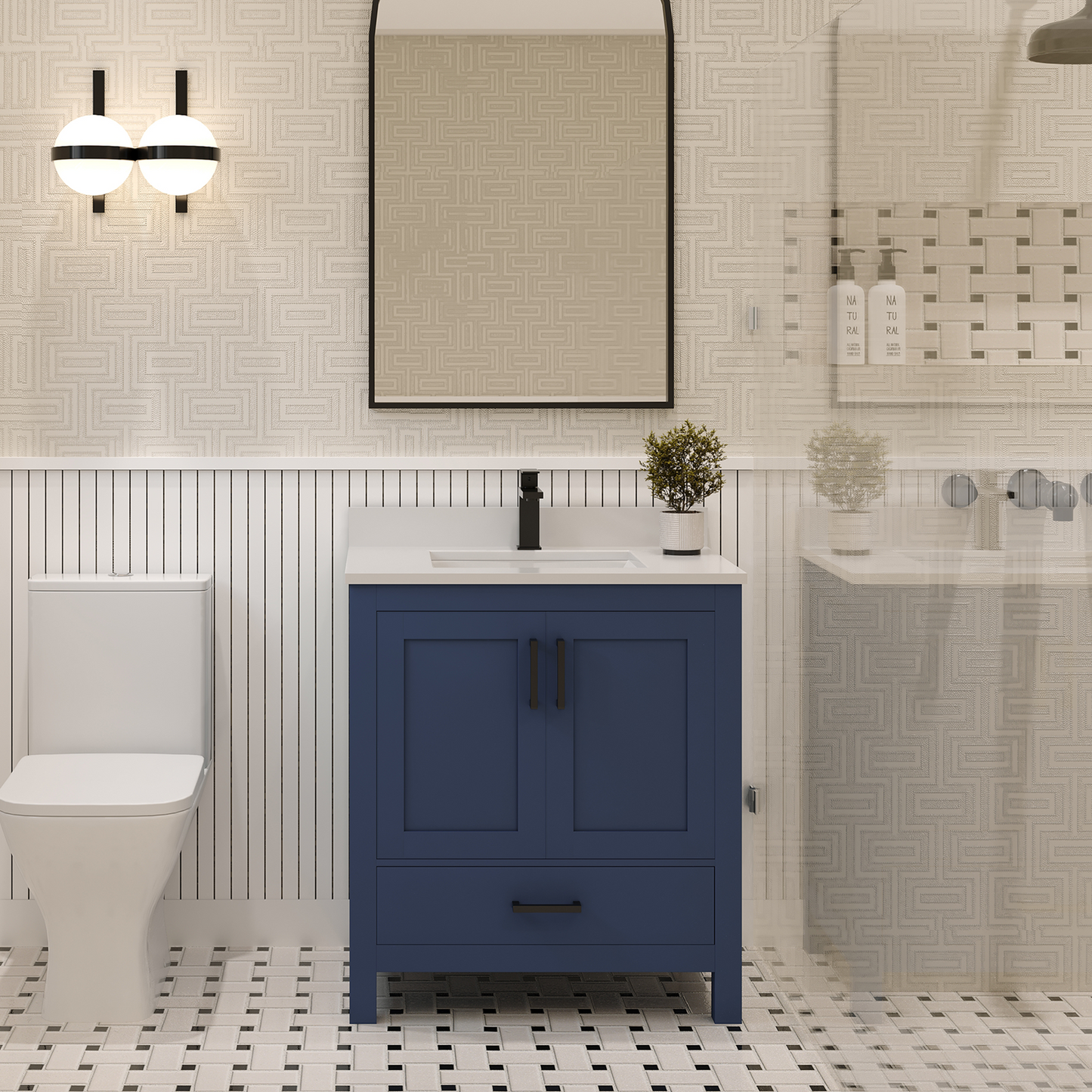 Rooh 30 Inch Solid Wood Bathroom Vanity with Undermount single Rectangle sink & White Quartz countertop 0.75 inch edge in white