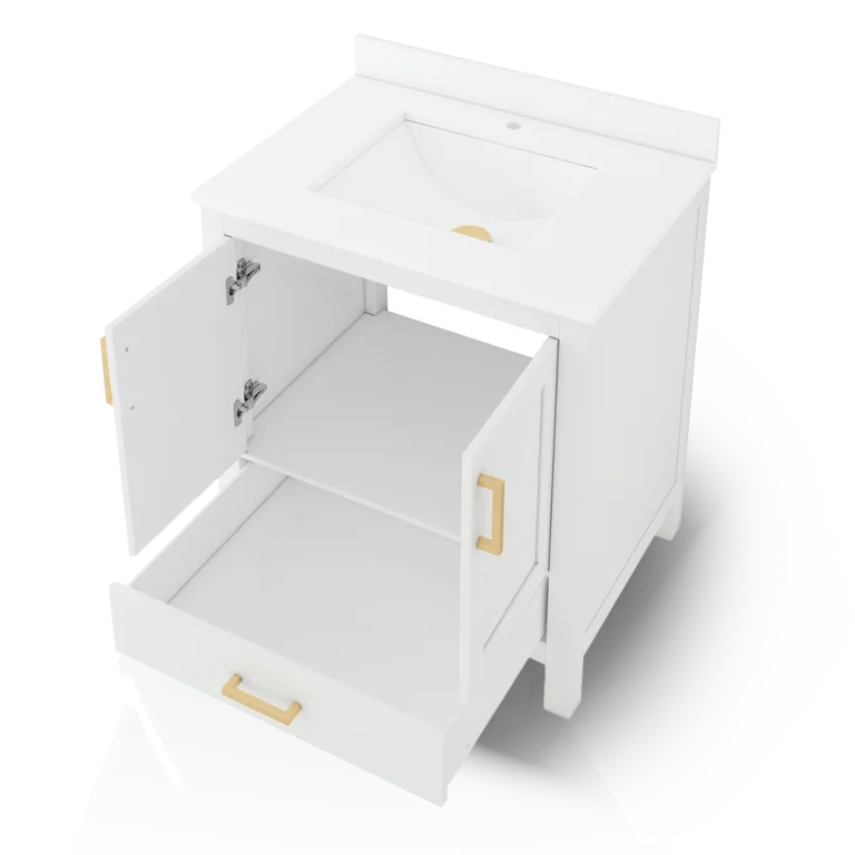 Rooh 30 Inch Solid Wood Bathroom Vanity with Undermount single Rectangle sink & White Quartz countertop 0.75 inch edge in white