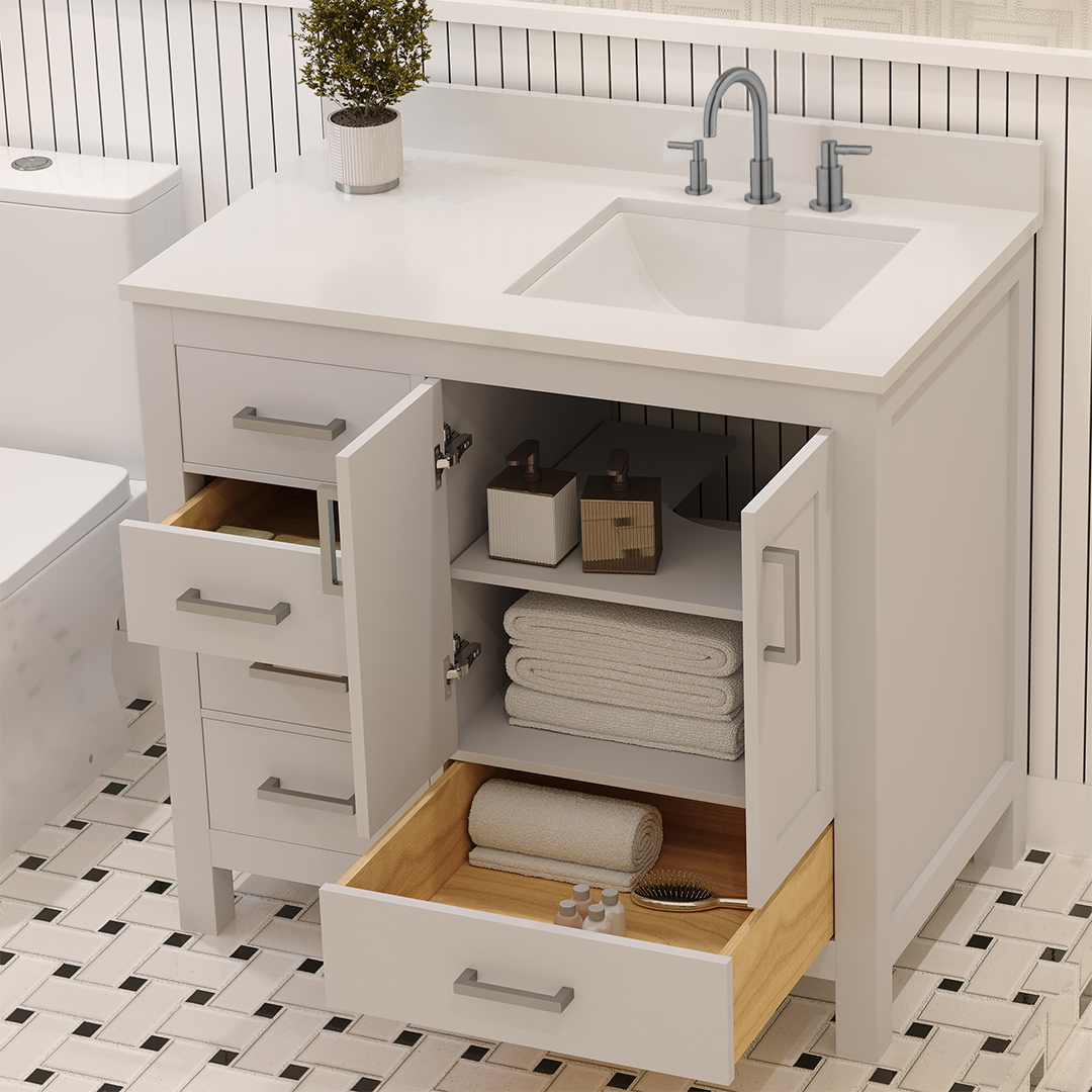Rooh 36 Inch Right Solid Wood Single Bathroom Vanity with Undermount single Rectangle sink & White Quartz countertop 0.75 inch edge in white
