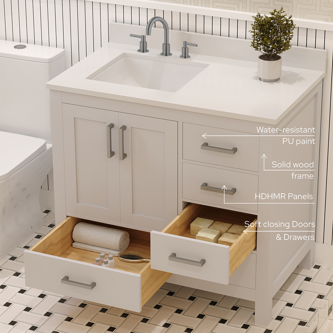 Rooh 36 Inch Left Solid Wood Single Bathroom Vanity with Undermount single Rectangle sink & White Quartz countertop 0.75 inch edge in white