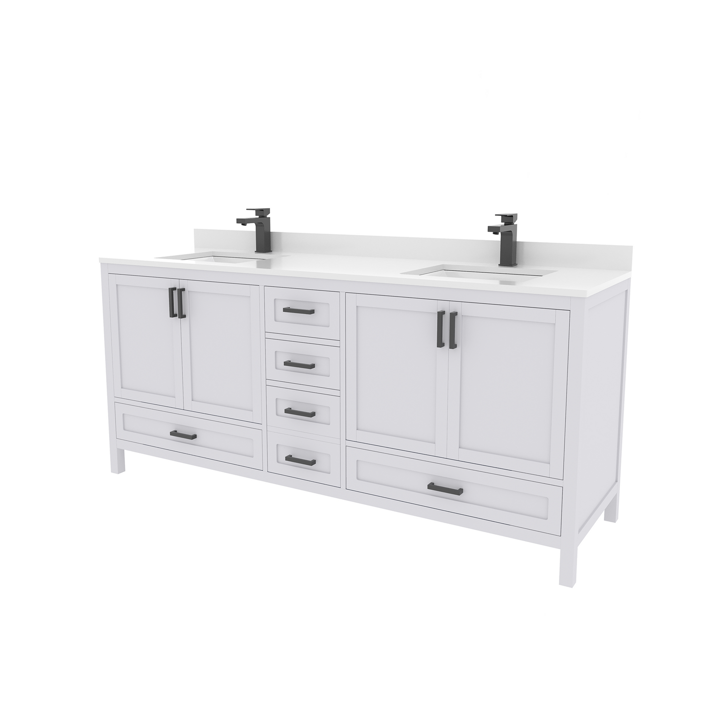 Rooh 72 Inch Solid Wood Bathroom Vanity with Undermount double Rectangle sinks & White Quartz countertop 0.75 inch edge in white