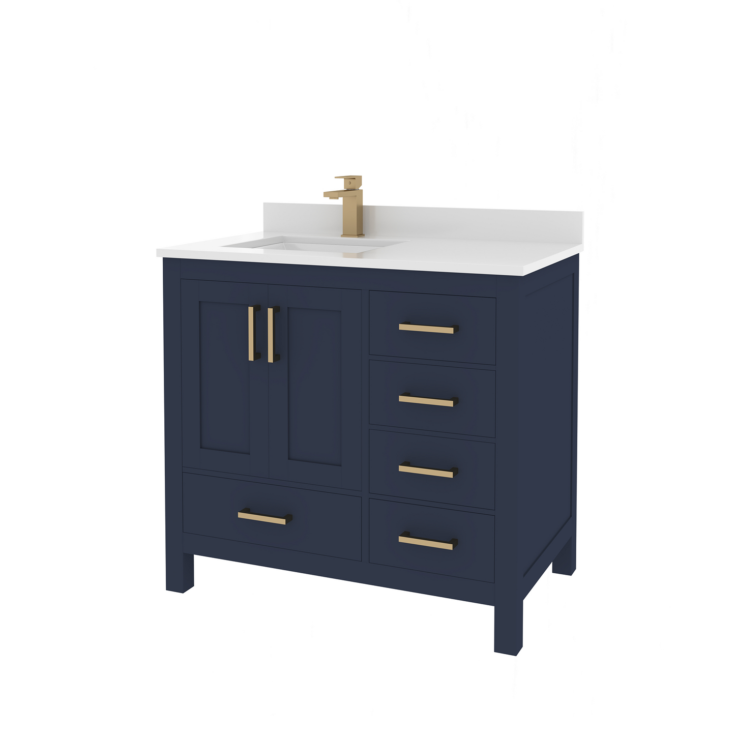 Rooh 36 Inch Left Solid Wood Single Bathroom Vanity with Undermount single Rectangle sink & White Quartz countertop 0.75 inch edge in white