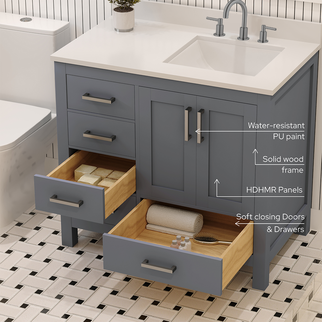 Rooh 36 Inch Right Solid Wood Single Bathroom Vanity with Undermount single Rectangle sink & White Quartz countertop 0.75 inch edge in white