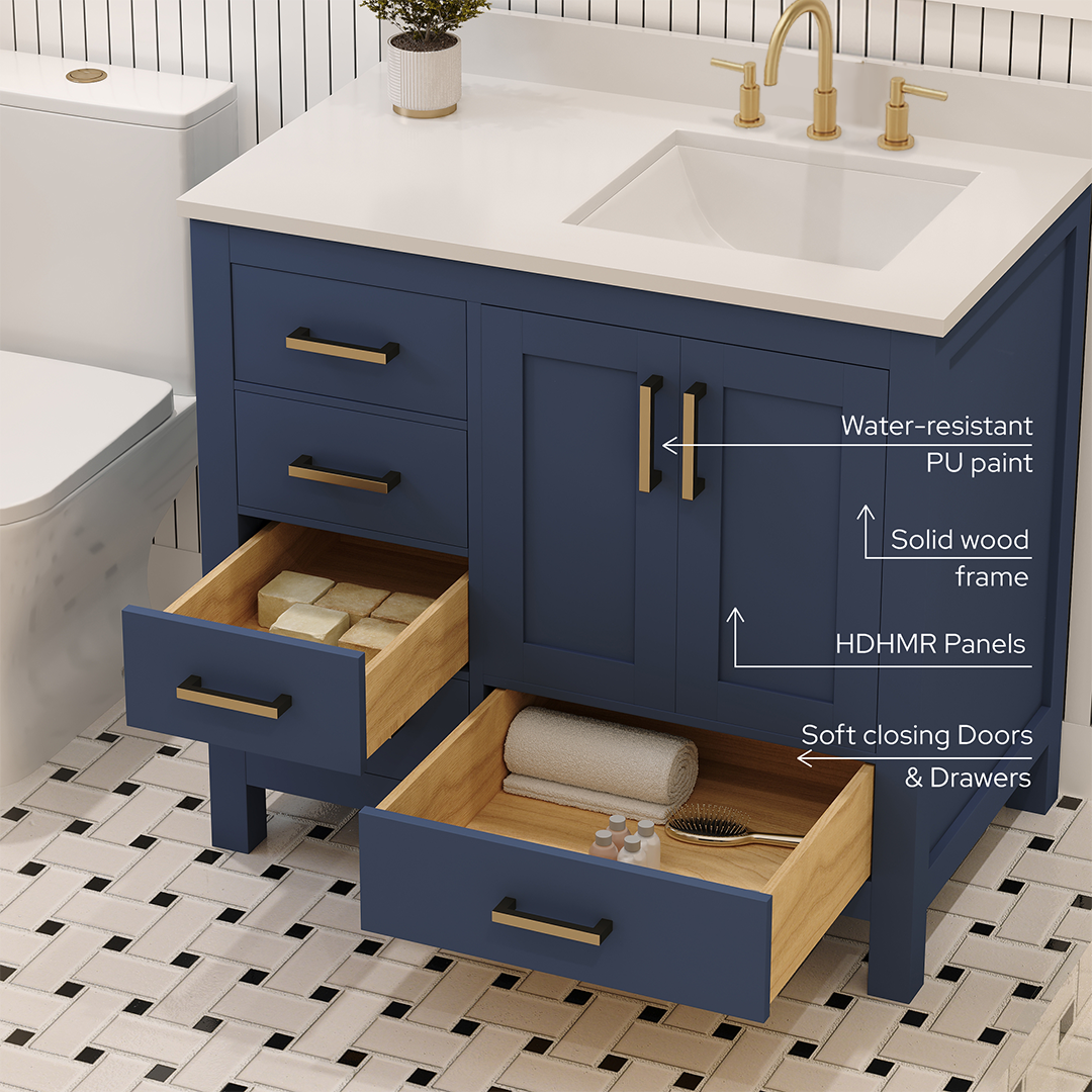 Rooh 36 Inch Right Solid Wood Single Bathroom Vanity with Undermount single Rectangle sink & White Quartz countertop 0.75 inch edge in white
