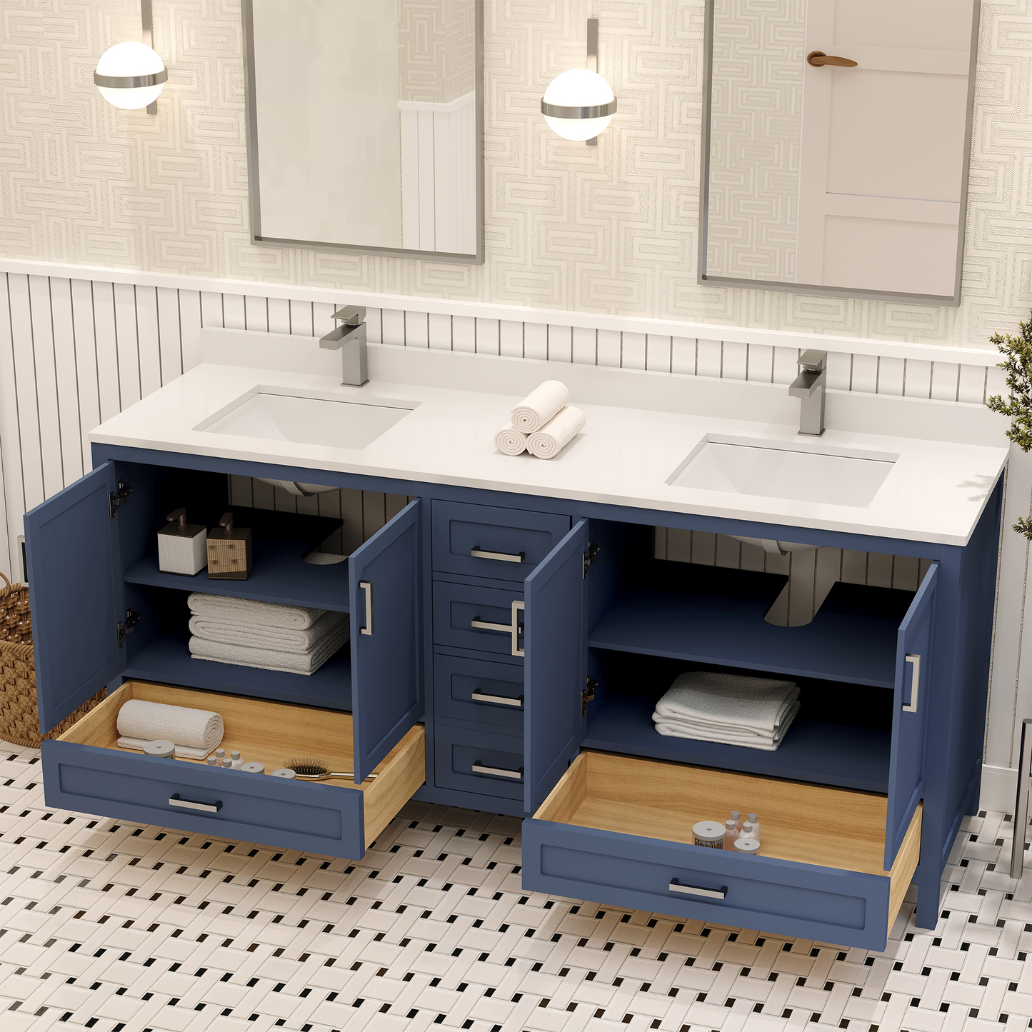 Rooh 72 Inch Solid Wood Bathroom Vanity with Undermount double Rectangle sinks & White Quartz countertop 0.75 inch edge in white