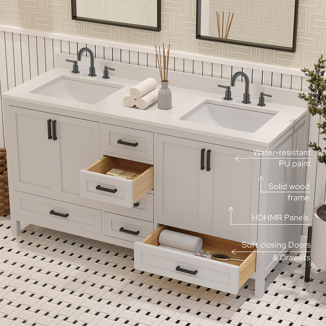 Rooh 60 Inch Solid Wood Bathroom Vanity with Undermount double Rectangle sinks & White Quartz countertop 0.75 inch edge in white