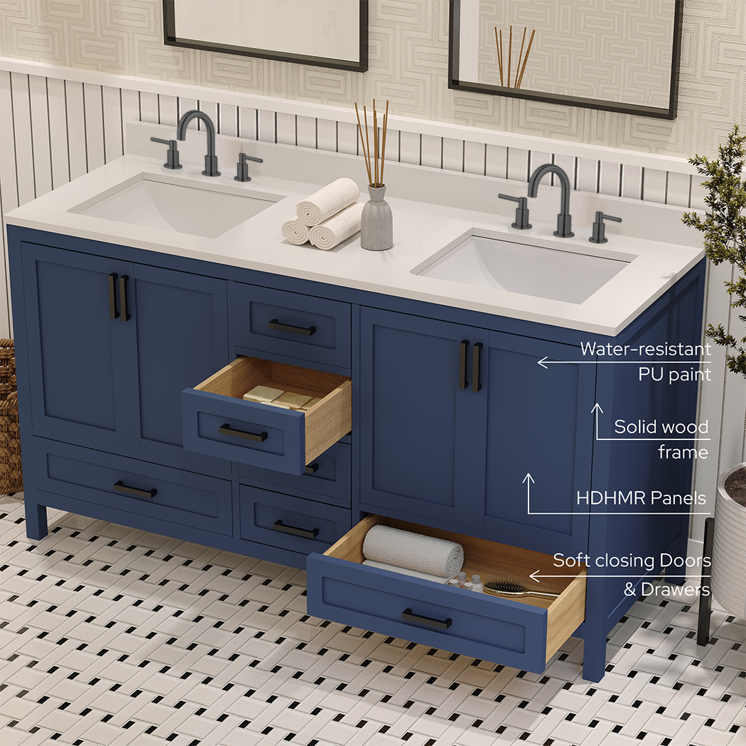 Rooh 60 Inch Solid Wood Bathroom Vanity with Undermount double Rectangle sinks & White Quartz countertop 0.75 inch edge in white