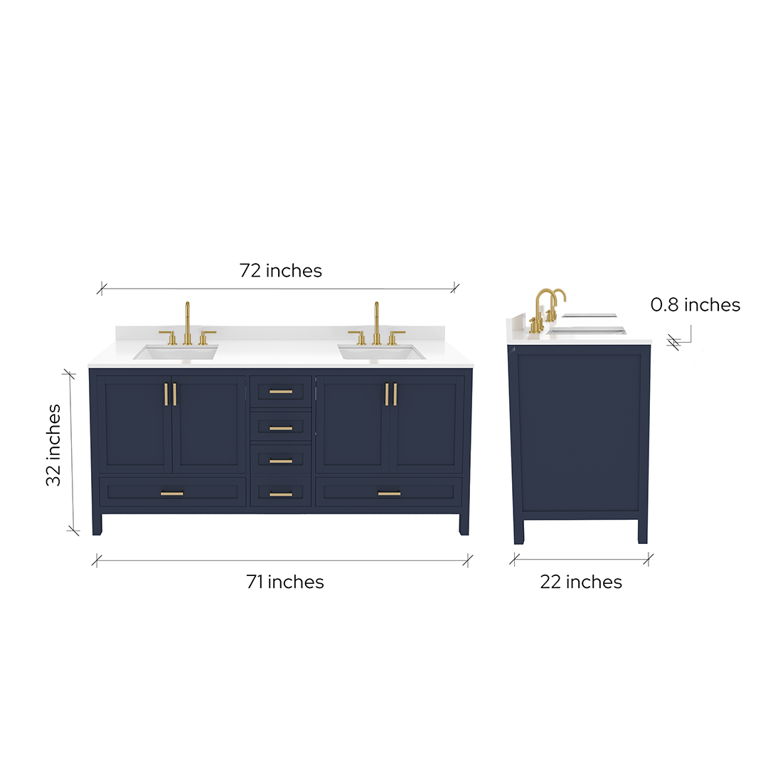 Rooh 72 Inch Solid Wood Bathroom Vanity with Undermount double Rectangle sinks & White Quartz countertop 0.75 inch edge in white