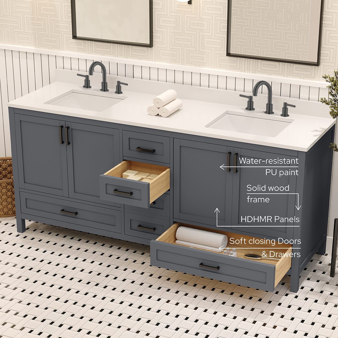 Rooh 72 Inch Solid Wood Bathroom Vanity with Undermount double Rectangle sinks & White Quartz countertop 0.75 inch edge in white