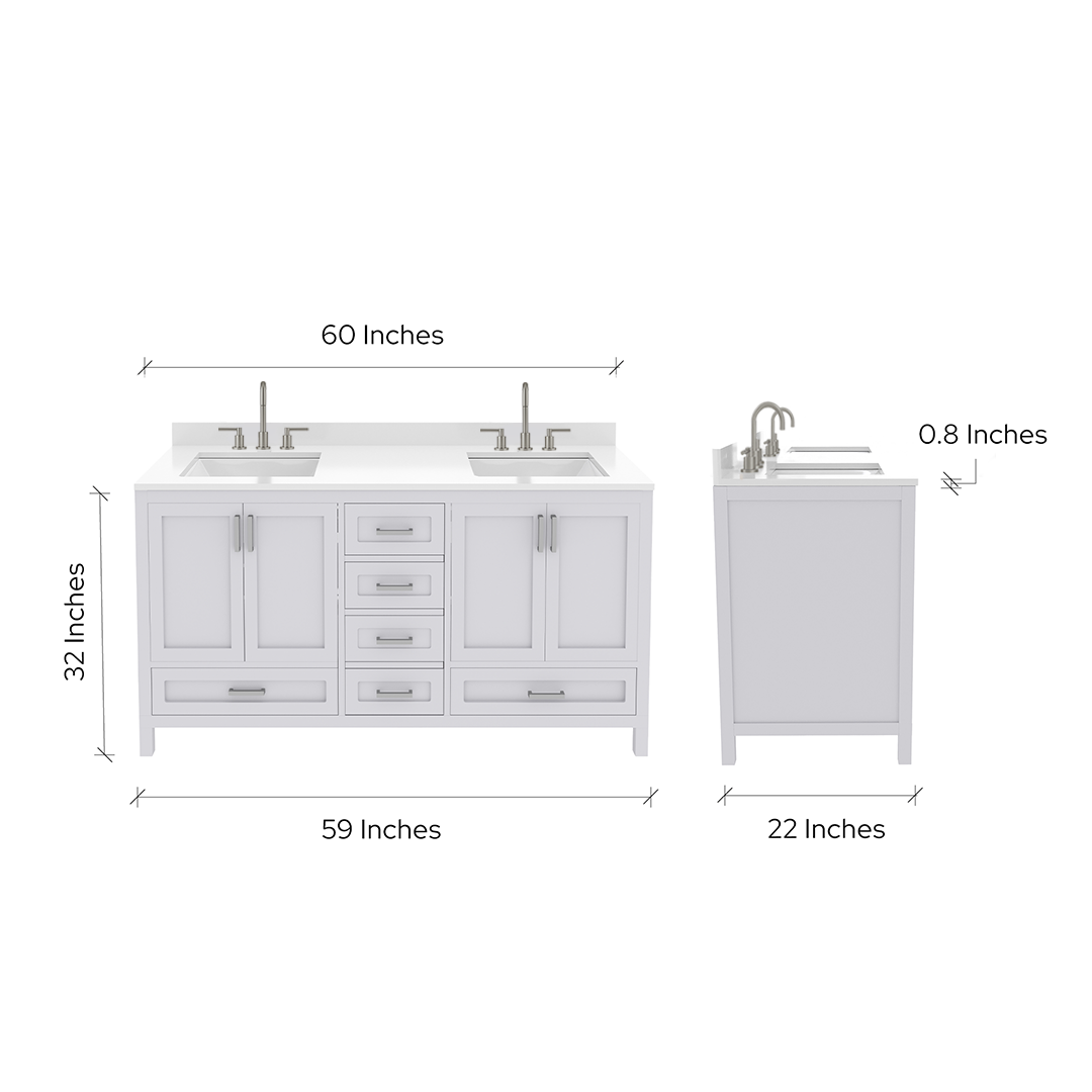 Rooh 60 Inch Solid Wood Bathroom Vanity with Undermount double Rectangle sinks & White Quartz countertop 0.75 inch edge in white