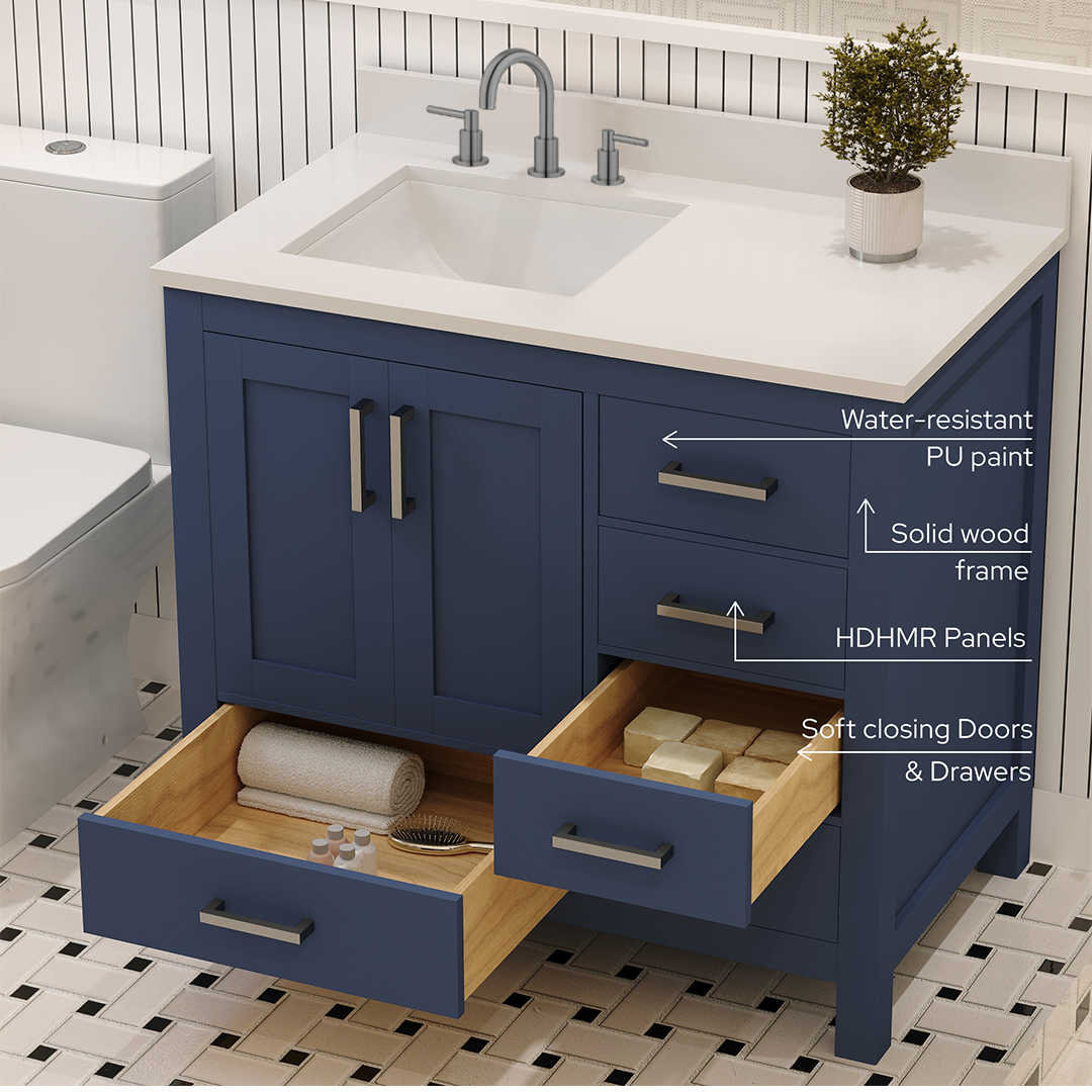 Rooh 36 Inch Left Solid Wood Single Bathroom Vanity with Undermount single Rectangle sink & White Quartz countertop 0.75 inch edge in white