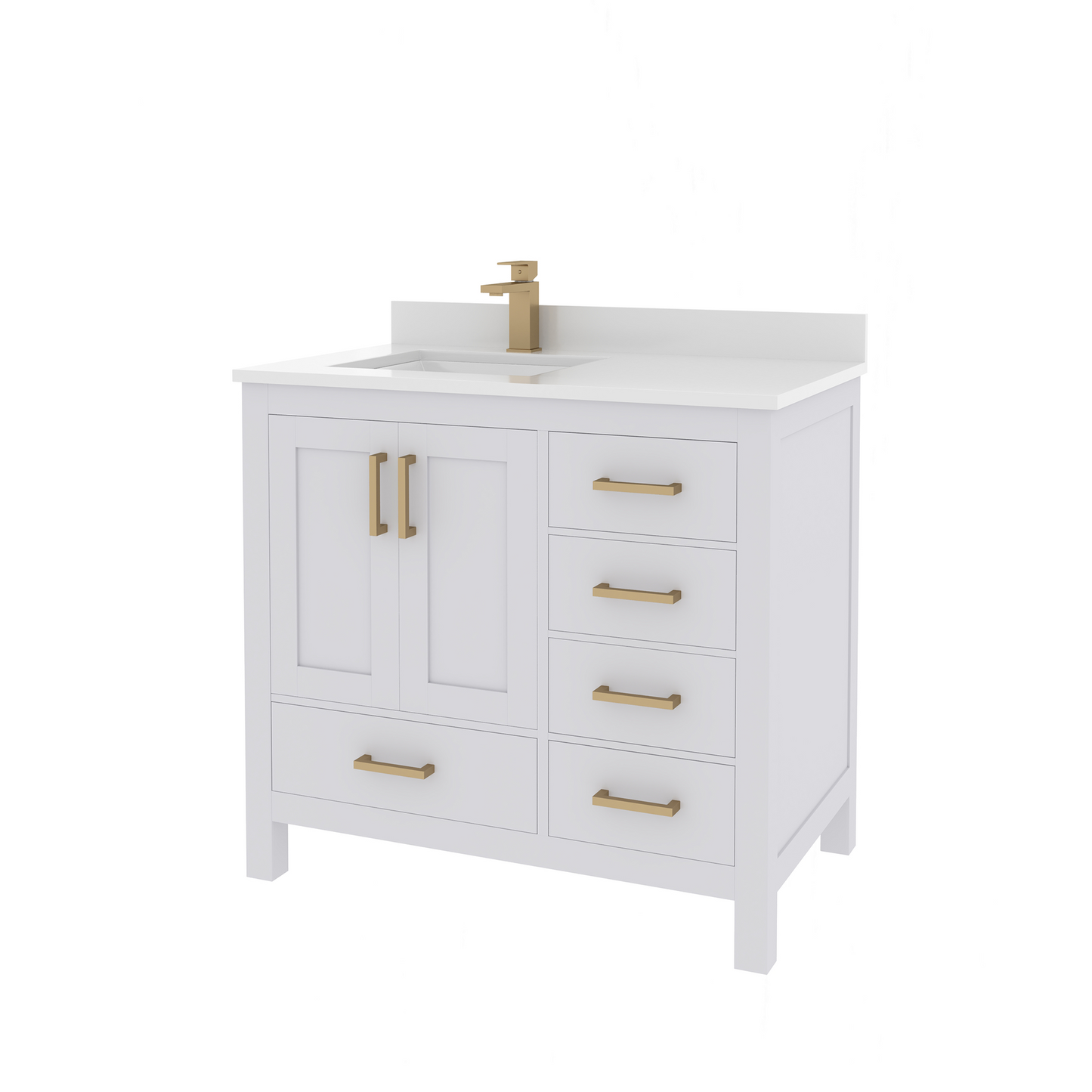 Rooh 36 Inch Left Solid Wood Single Bathroom Vanity with Undermount single Rectangle sink & White Quartz countertop 0.75 inch edge in white