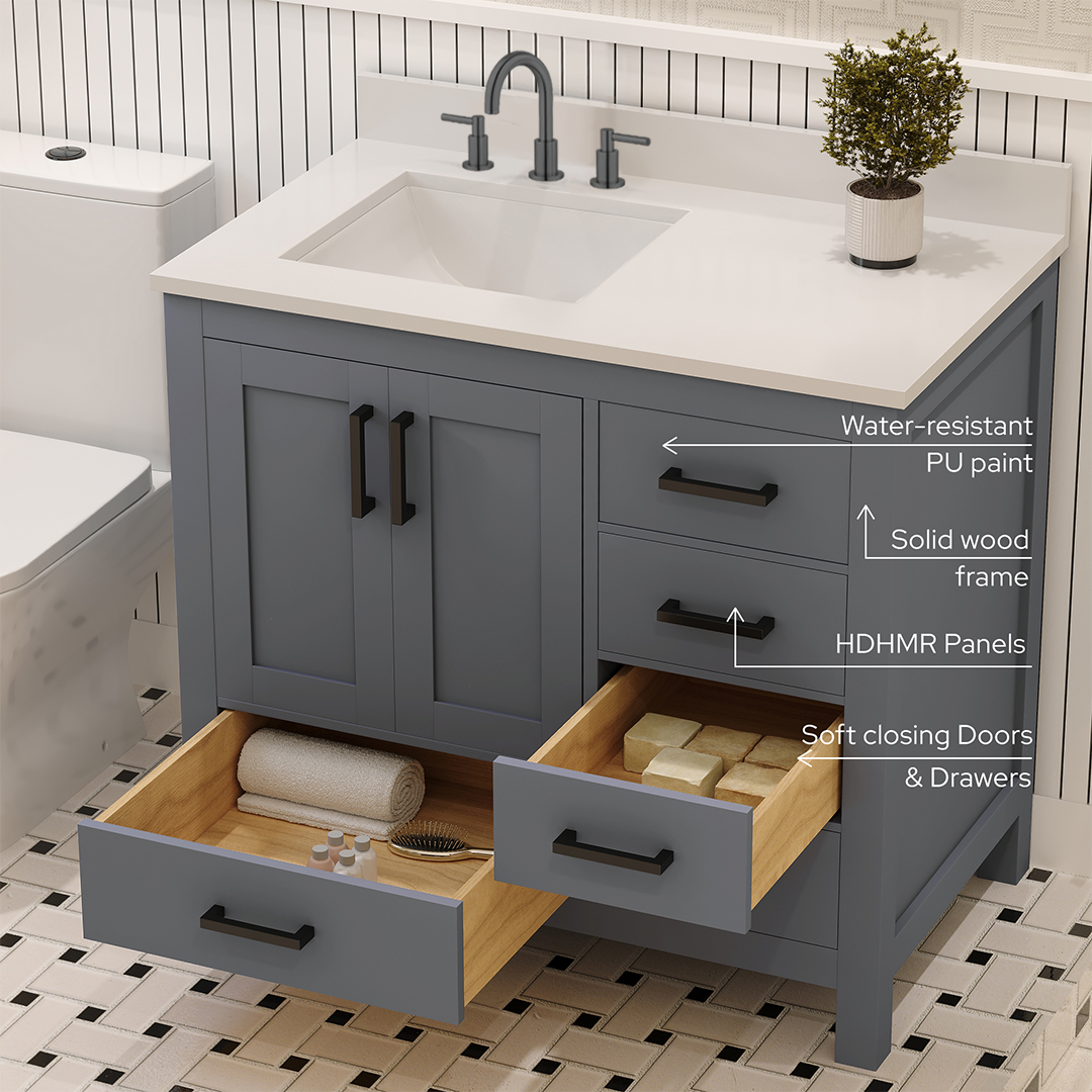 Rooh 36 Inch Left Solid Wood Single Bathroom Vanity with Undermount single Rectangle sink & White Quartz countertop 0.75 inch edge in white