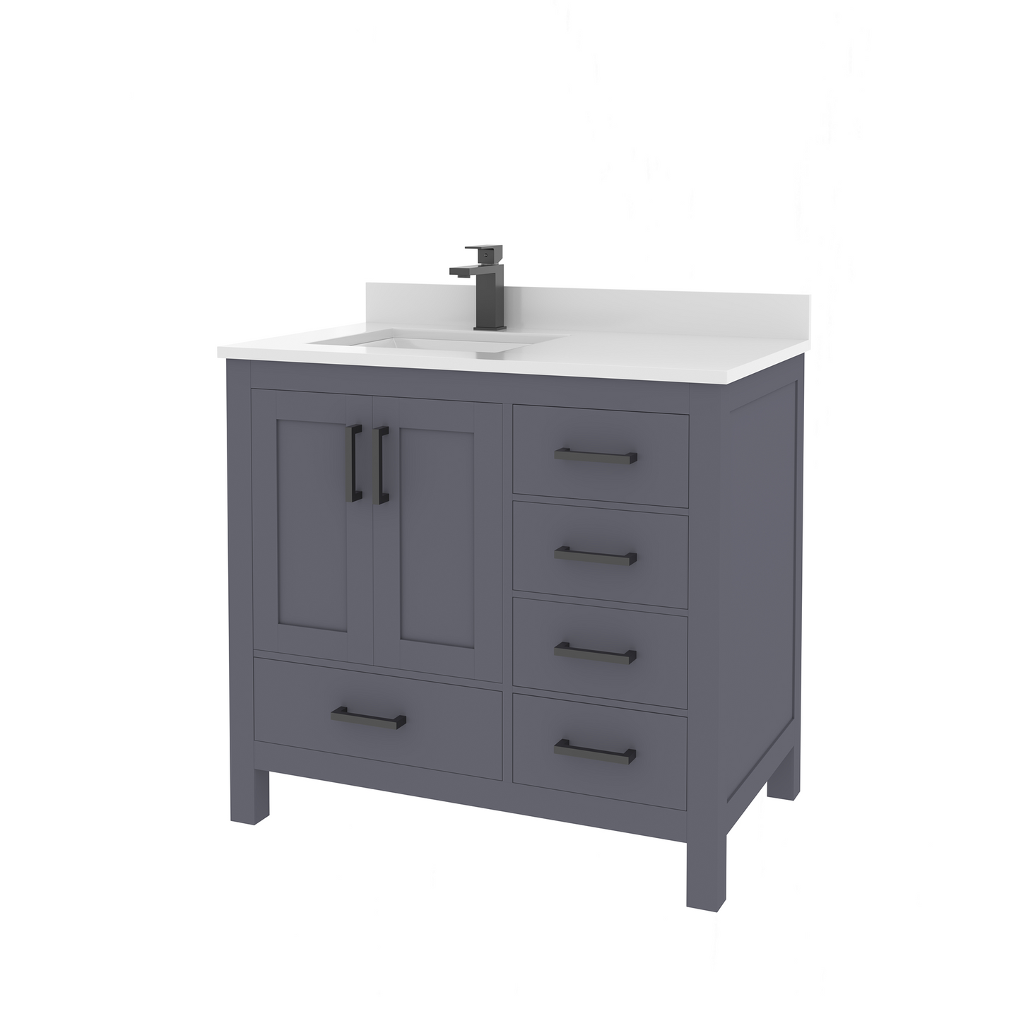 Rooh 36 Inch Left Solid Wood Single Bathroom Vanity with Undermount single Rectangle sink & White Quartz countertop 0.75 inch edge in white