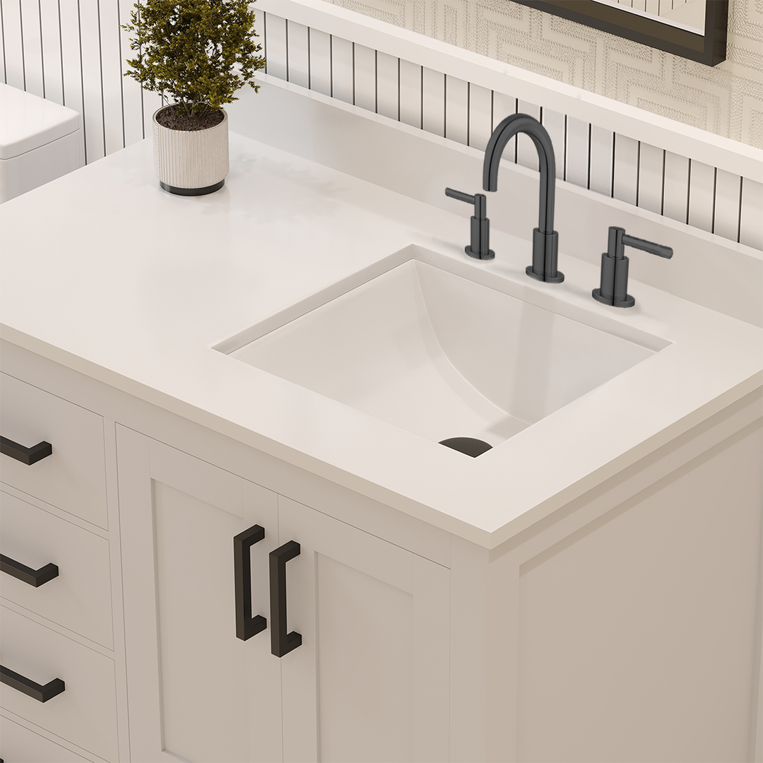 Rooh 36 Inch Right Solid Wood Single Bathroom Vanity with Undermount single Rectangle sink & White Quartz countertop 0.75 inch edge in white