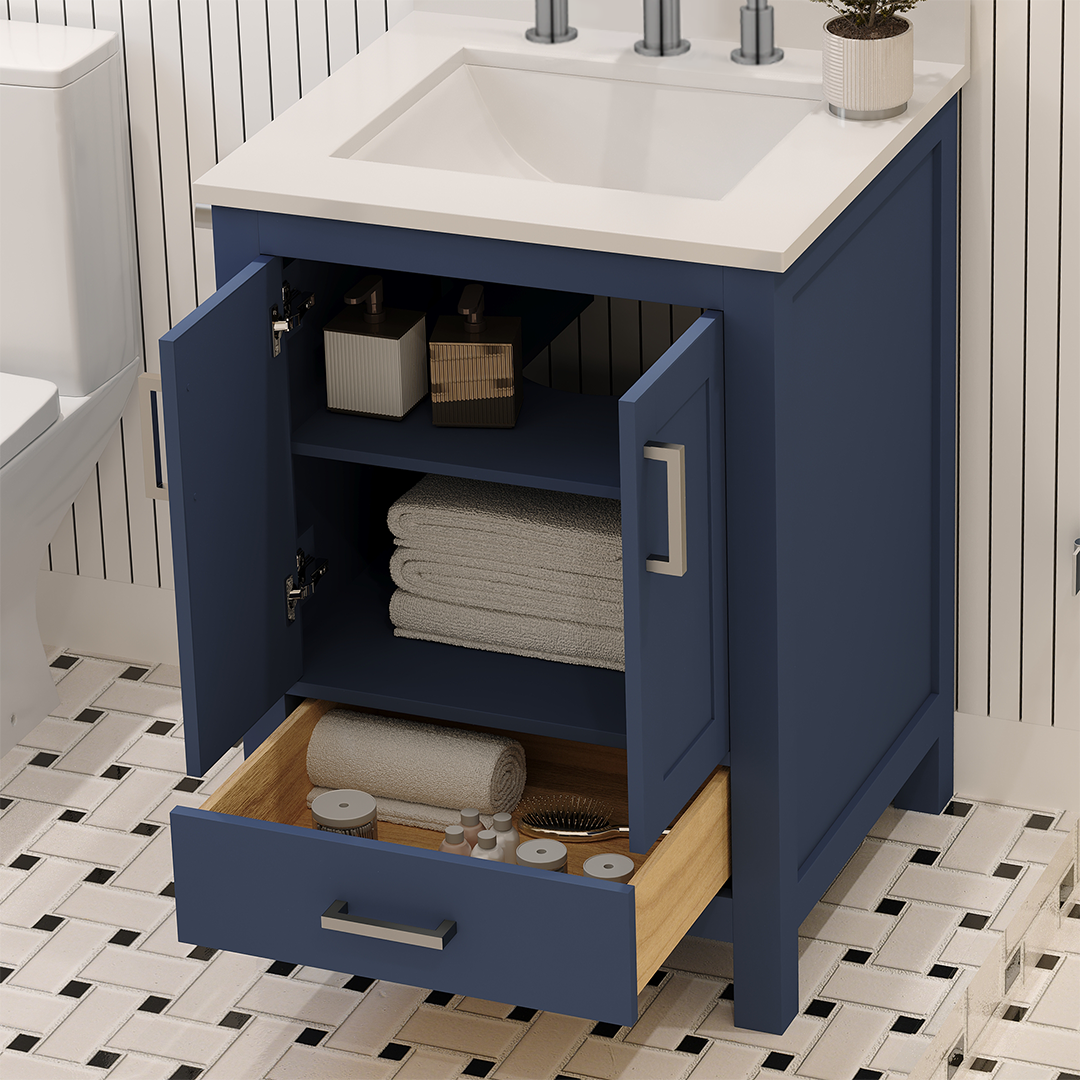 Rooh 24 Inch Solid Wood Bathroom Vanity with Undermount single Rectangle sink & White Quartz countertop 0.75 inch edge in white