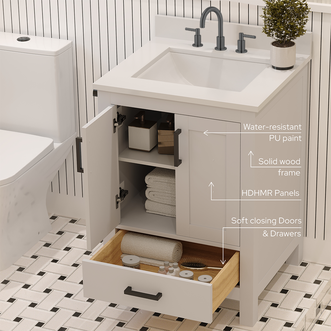 Rooh 24 Inch Solid Wood Bathroom Vanity with Undermount single Rectangle sink & White Quartz countertop 0.75 inch edge in white