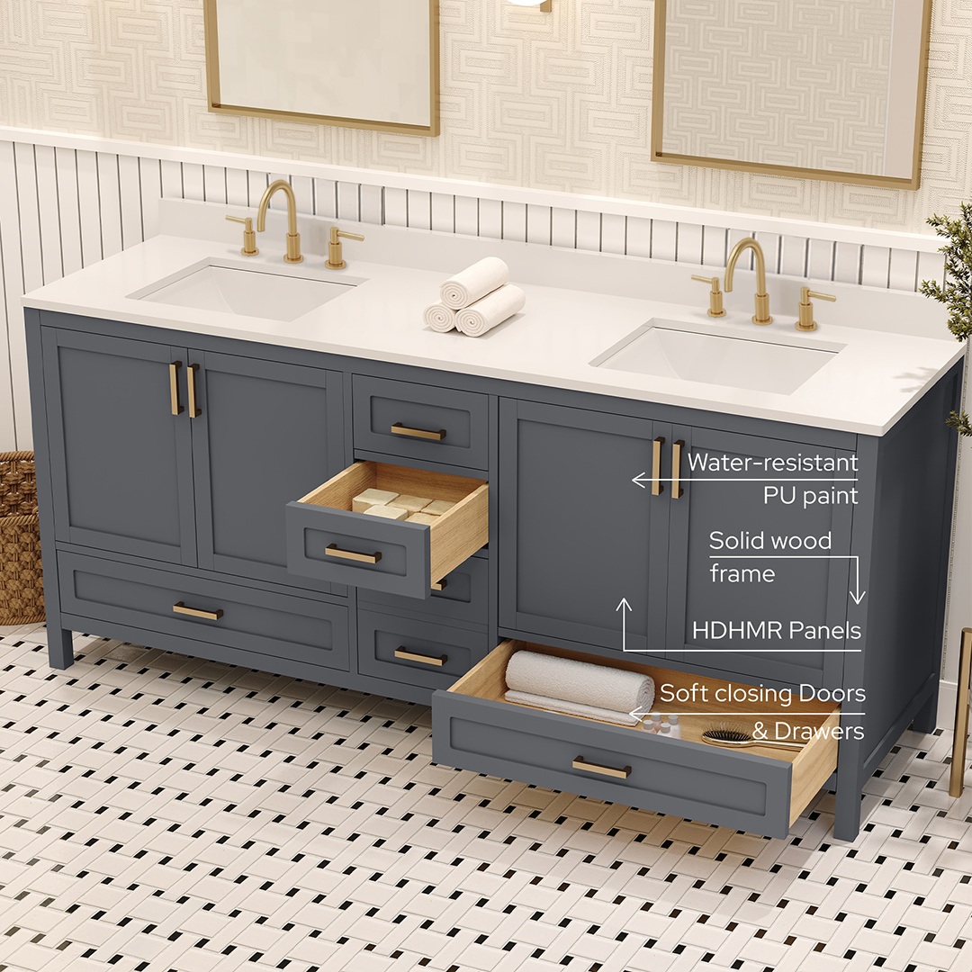 Rooh 72 Inch Solid Wood Bathroom Vanity with Undermount double Rectangle sinks & White Quartz countertop 0.75 inch edge in white