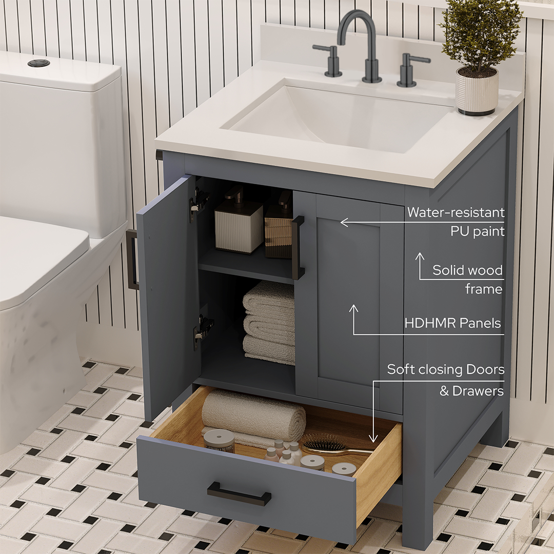 Rooh 24 Inch Solid Wood Bathroom Vanity with Undermount single Rectangle sink & White Quartz countertop 0.75 inch edge in white
