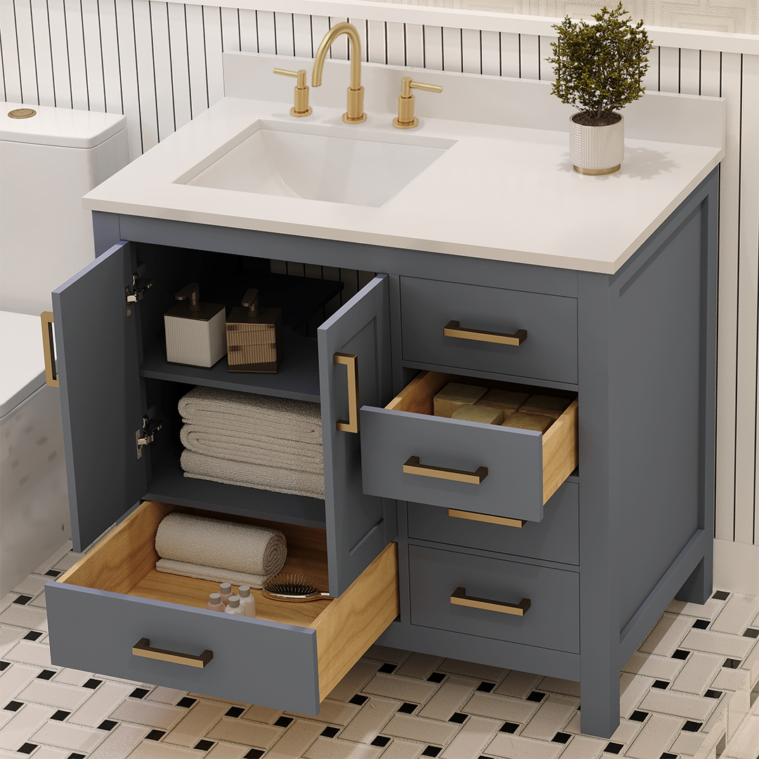 Rooh 36 Inch Left Solid Wood Single Bathroom Vanity with Undermount single Rectangle sink & White Quartz countertop 0.75 inch edge in white