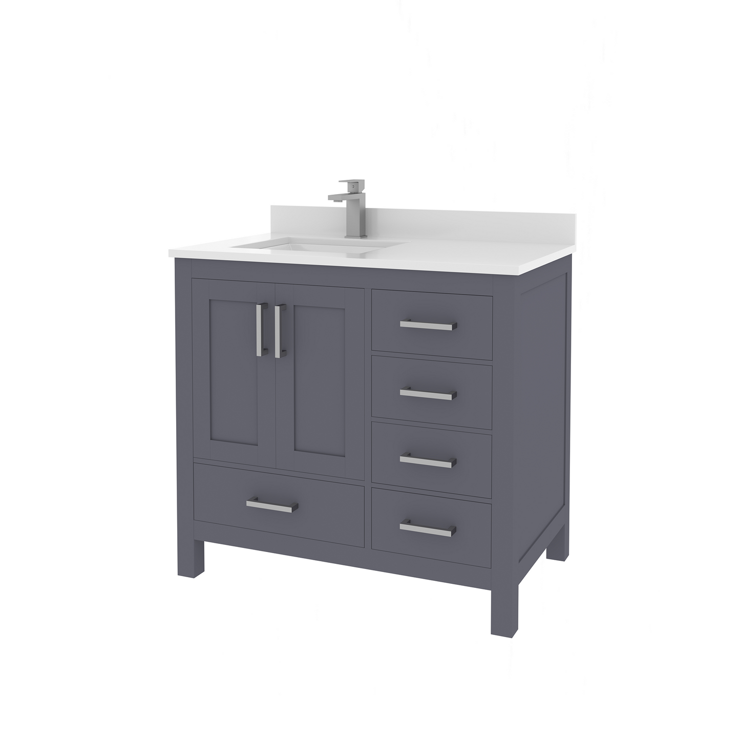 Rooh 36 Inch Left Solid Wood Single Bathroom Vanity with Undermount single Rectangle sink & White Quartz countertop 0.75 inch edge in white