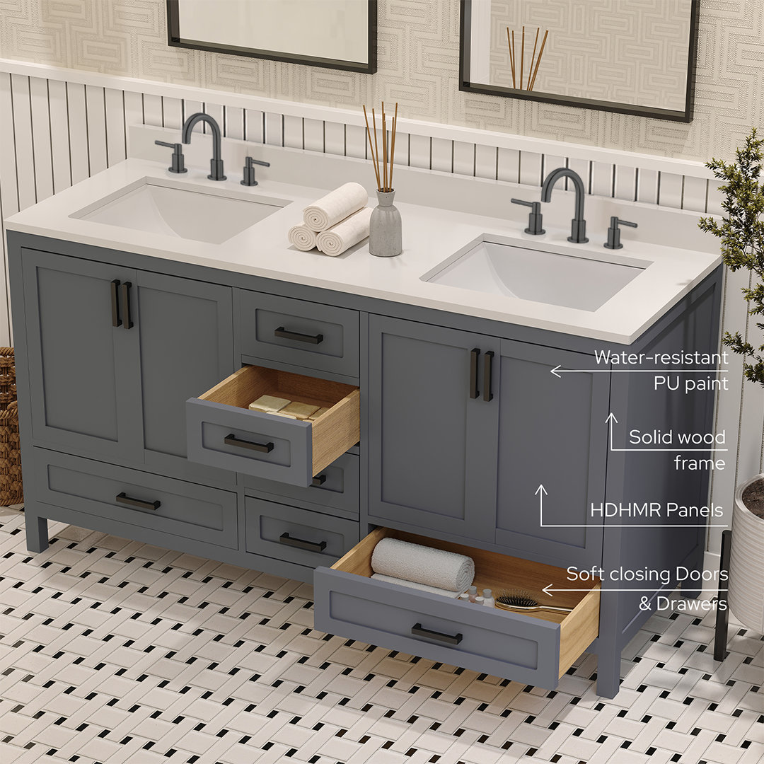 Rooh 60 Inch Solid Wood Bathroom Vanity with Undermount double Rectangle sinks & White Quartz countertop 0.75 inch edge in white
