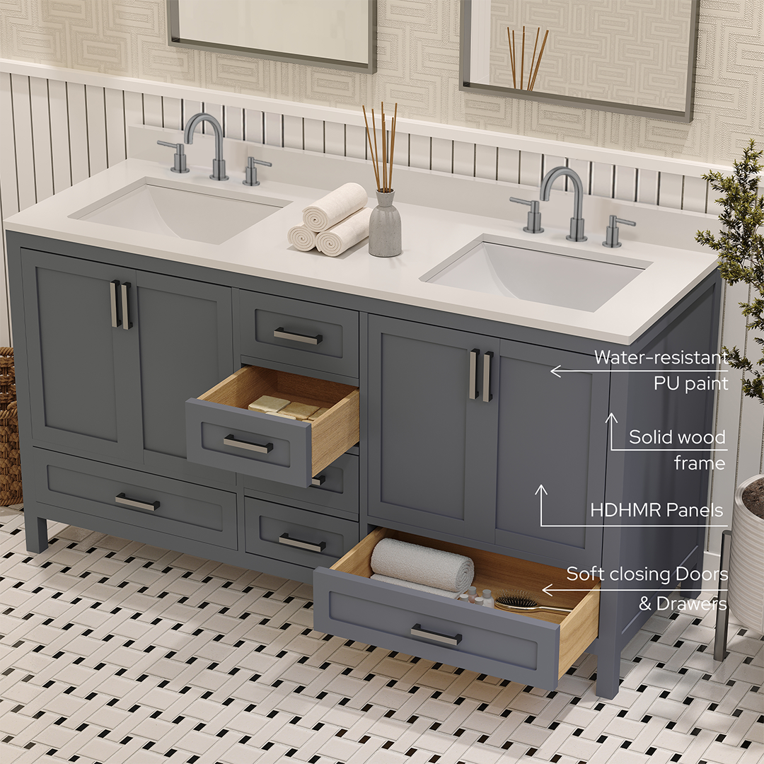 Rooh 60 Inch Solid Wood Bathroom Vanity with Undermount double Rectangle sinks & White Quartz countertop 0.75 inch edge in white