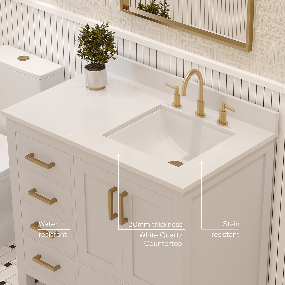 Rooh 36 Inch Right Solid Wood Single Bathroom Vanity with Undermount single Rectangle sink & White Quartz countertop 0.75 inch edge in white