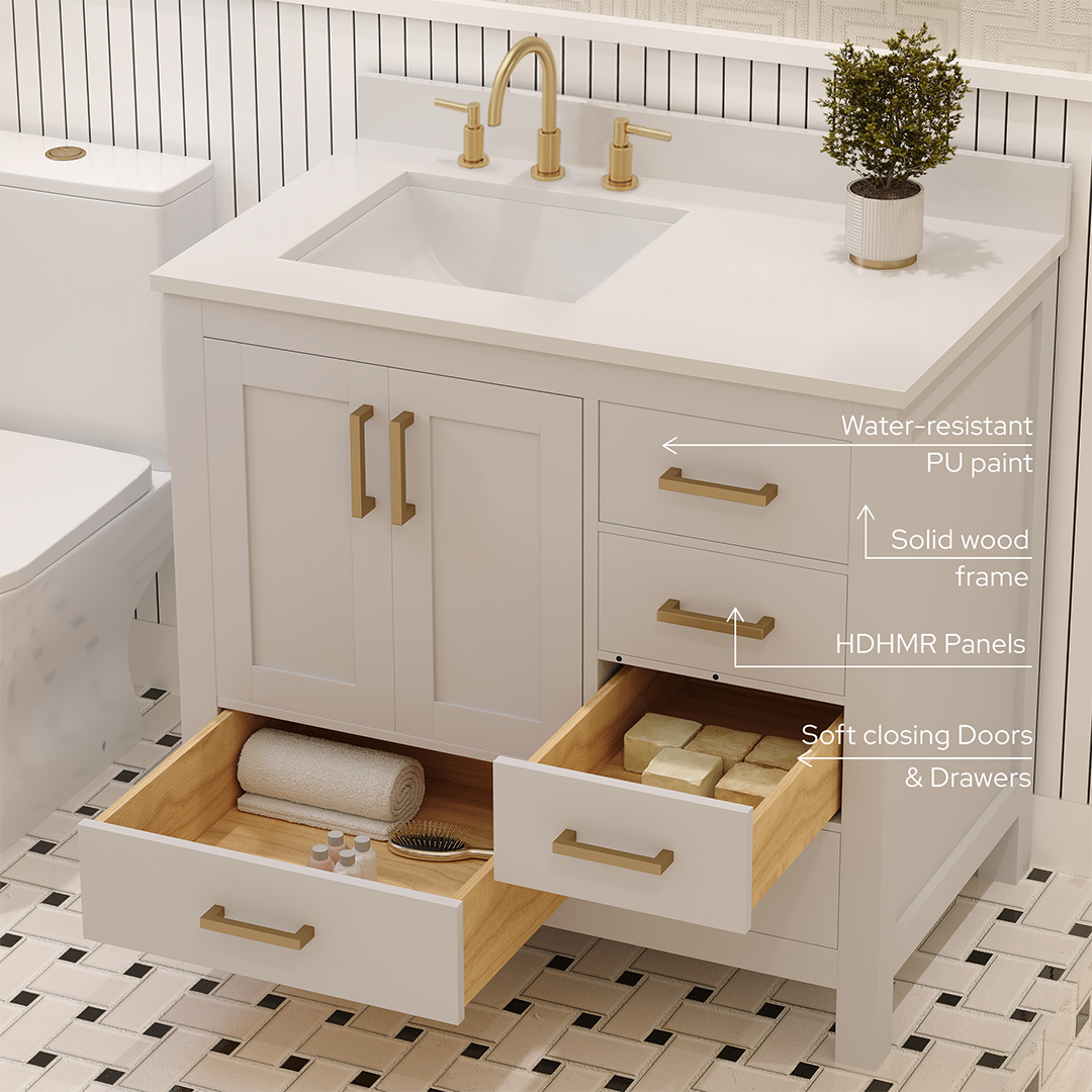 Rooh 36 Inch Left Solid Wood Single Bathroom Vanity with Undermount single Rectangle sink & White Quartz countertop 0.75 inch edge in white