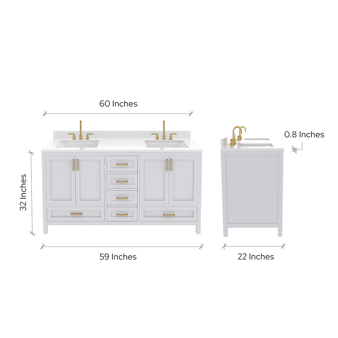 Rooh 60 Inch Solid Wood Bathroom Vanity with Undermount double Rectangle sinks & White Quartz countertop 0.75 inch edge in white