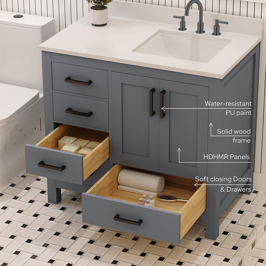 Rooh 36 Inch Right Solid Wood Single Bathroom Vanity with Undermount single Rectangle sink & White Quartz countertop 0.75 inch edge in white