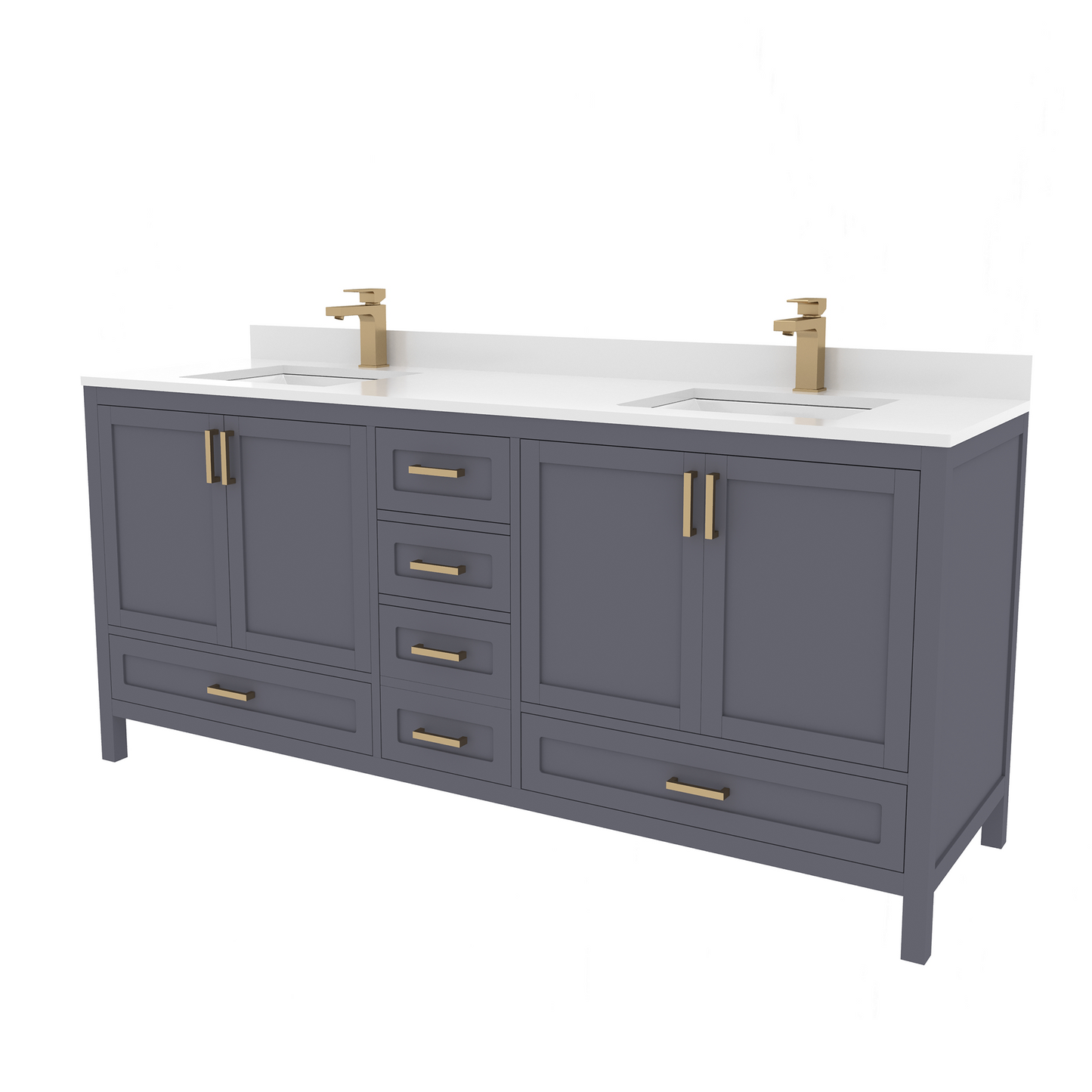 Rooh 72 Inch Solid Wood Bathroom Vanity with Undermount double Rectangle sinks & White Quartz countertop 0.75 inch edge in white