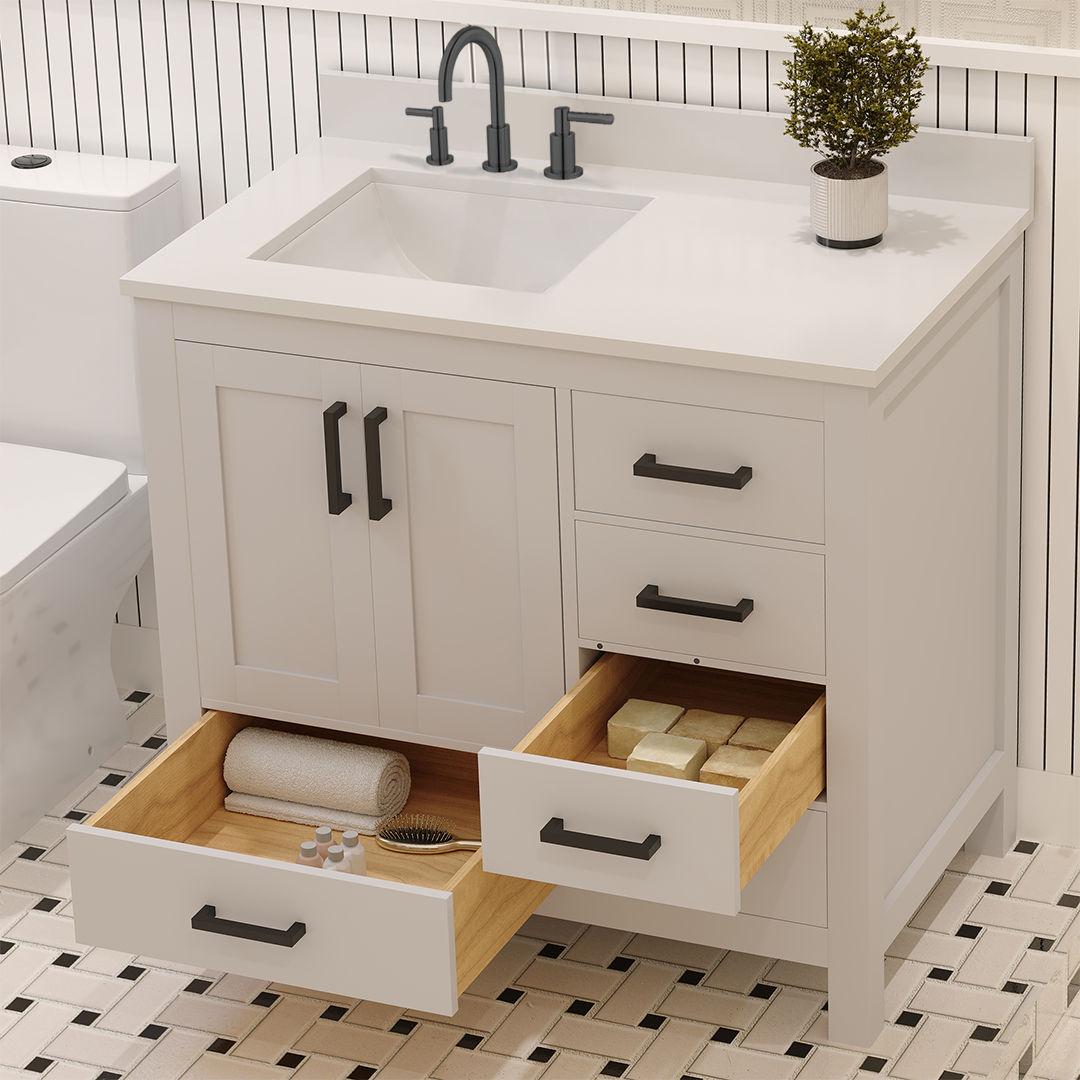 Rooh 36 Inch Left Solid Wood Single Bathroom Vanity with Undermount single Rectangle sink & White Quartz countertop 0.75 inch edge in white