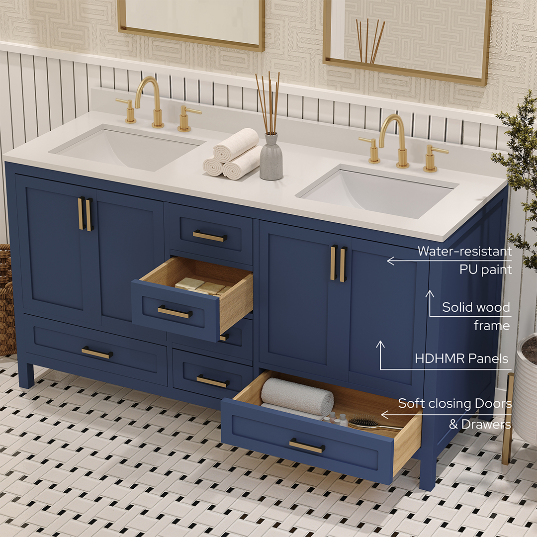 Rooh 60 Inch Solid Wood Bathroom Vanity with Undermount double Rectangle sinks & White Quartz countertop 0.75 inch edge in white