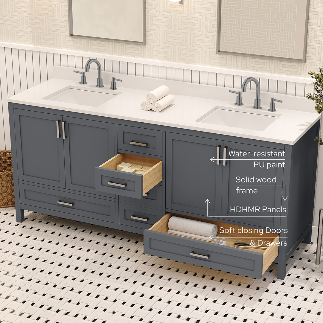 Rooh 72 Inch Solid Wood Bathroom Vanity with Undermount double Rectangle sinks & White Quartz countertop 0.75 inch edge in white