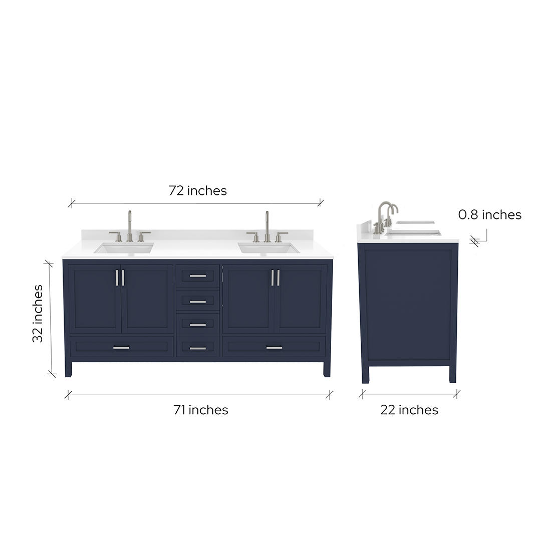 Rooh 72 Inch Solid Wood Bathroom Vanity with Undermount double Rectangle sinks & White Quartz countertop 0.75 inch edge in white
