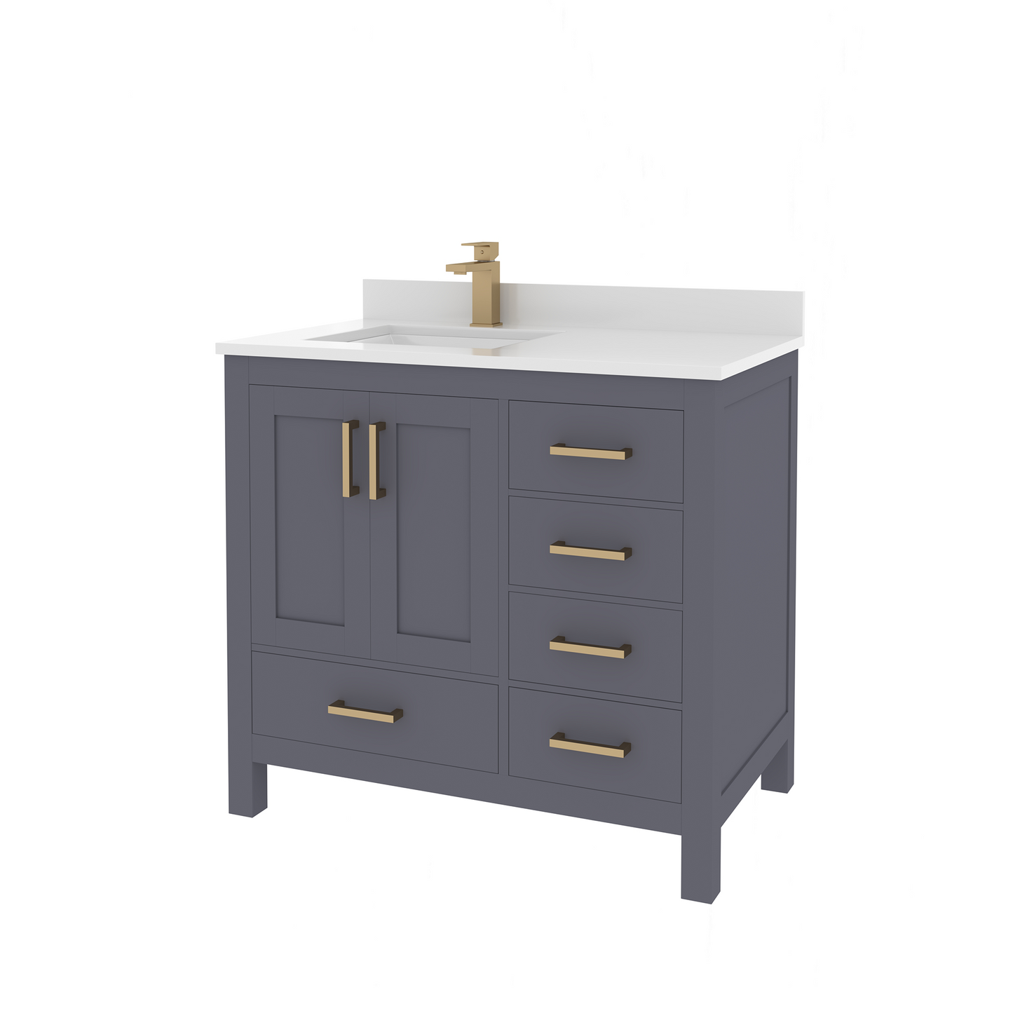 Rooh 36 Inch Left Solid Wood Single Bathroom Vanity with Undermount single Rectangle sink & White Quartz countertop 0.75 inch edge in white