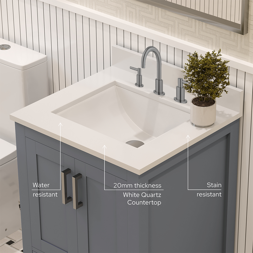Rooh 24 Inch Solid Wood Bathroom Vanity with Undermount single Rectangle sink & White Quartz countertop 0.75 inch edge in white