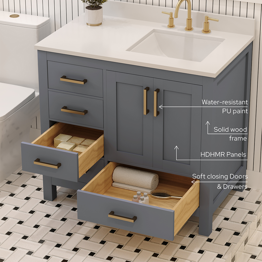 Rooh 36 Inch Right Solid Wood Single Bathroom Vanity with Undermount single Rectangle sink & White Quartz countertop 0.75 inch edge in white