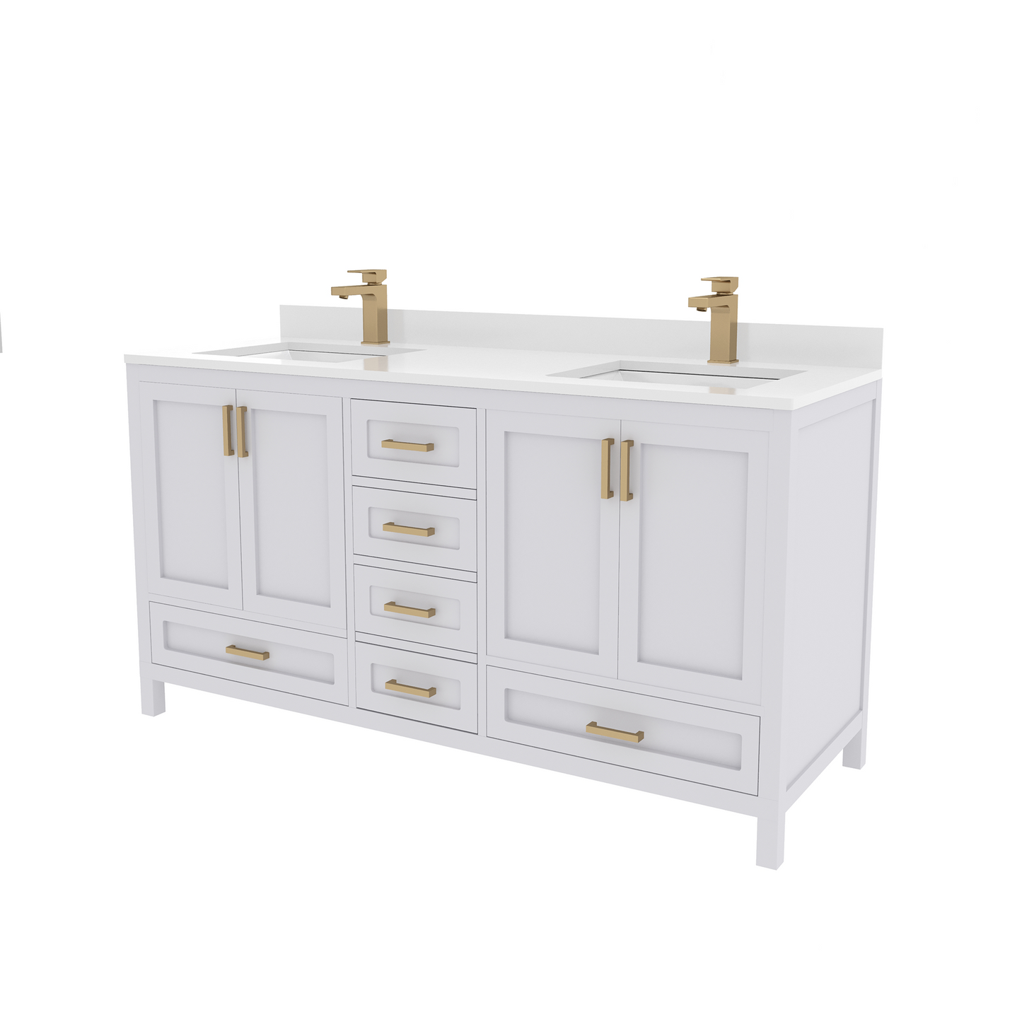 Rooh 60 Inch Solid Wood Bathroom Vanity with Undermount double Rectangle sinks & White Quartz countertop 0.75 inch edge in white