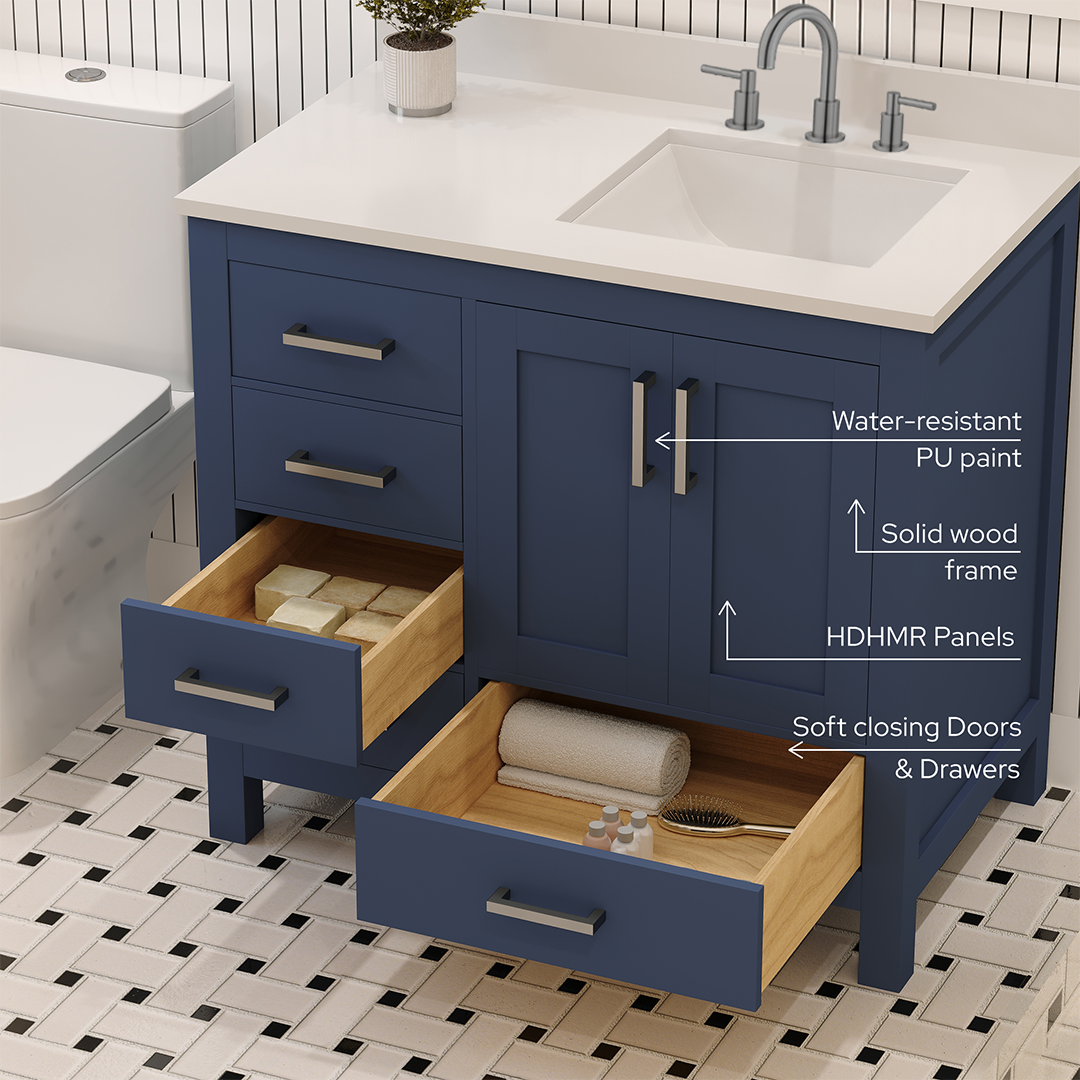 Rooh 36 Inch Right Solid Wood Single Bathroom Vanity with Undermount single Rectangle sink & White Quartz countertop 0.75 inch edge in white